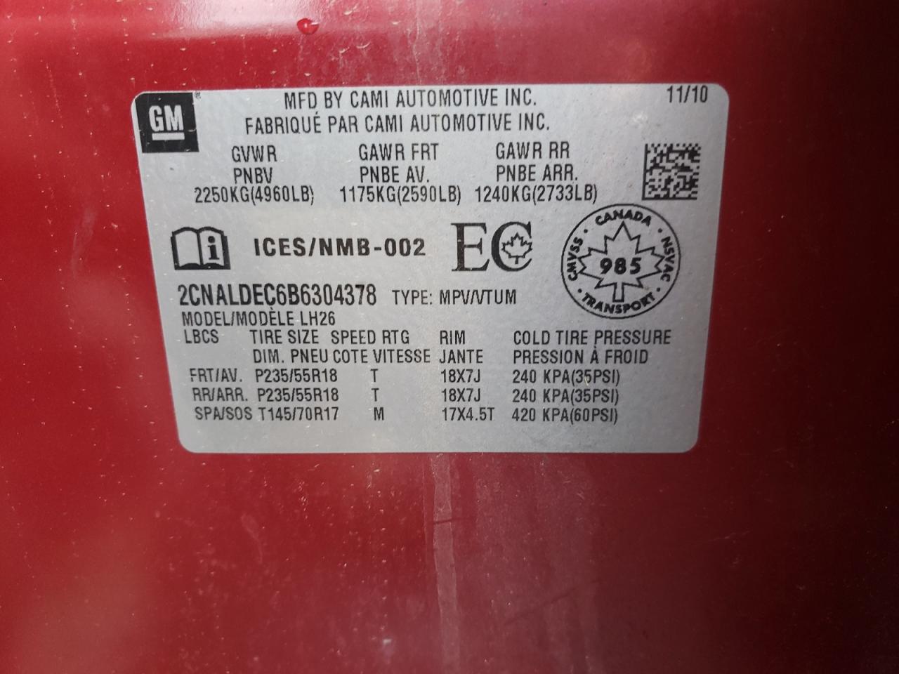 Photo 10 from auction – 2011 CHEVROLET EQUINOX LT with VIN 2CNALDEC6B6304378
