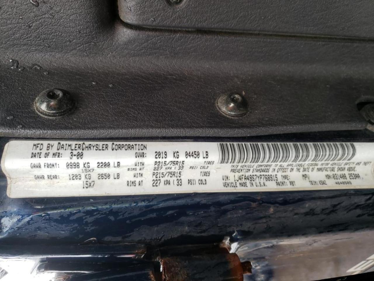 Photo 10 from auction – 2000 JEEP WRANGLER / with VIN 1J4FA49S7YP768915