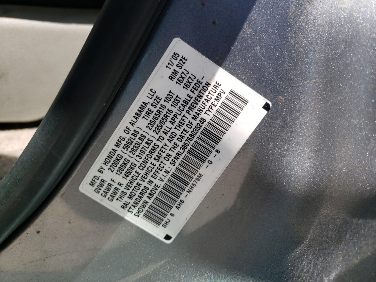 Photo 10 from auction – 2006 HONDA ODYSSEY EX with VIN 5FNRL38676B035248
