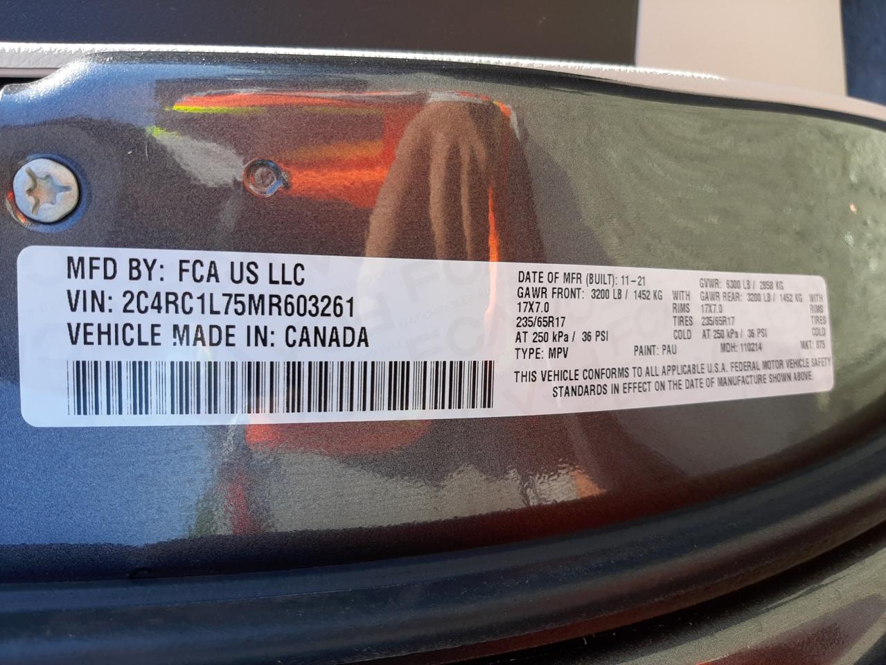 Photo 10 from auction – 2021 CHRYSLER PACIFICA H with VIN 2C4RC1L75MR603261