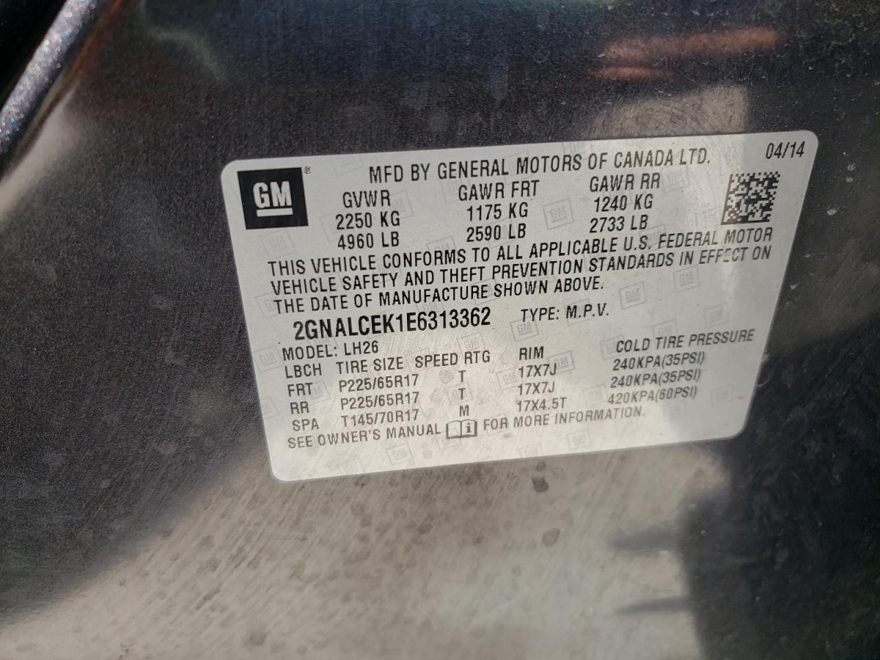 Photo 10 from auction – 2014 CHEVROLET EQUINOX LT with VIN 2GNALCEK1E6313362