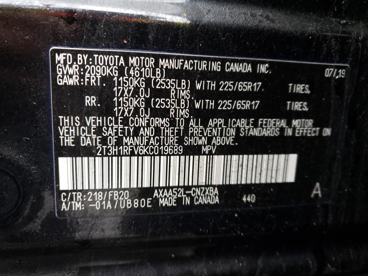 Photo 10 from auction – 2019 TOYOTA RAV4 LE with VIN 2T3H1RFV6KC019689