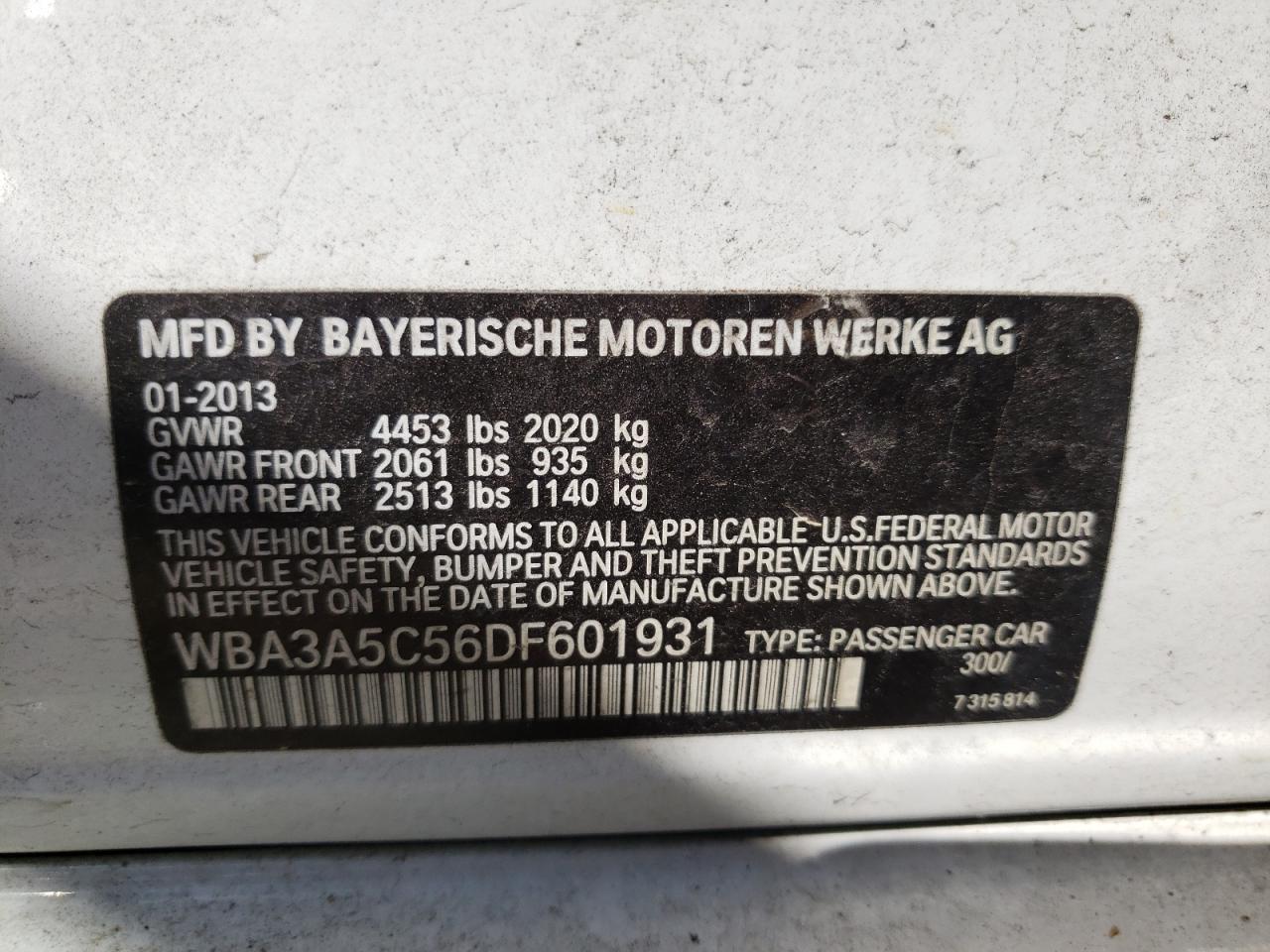 Photo 10 from auction – 2013 BMW 328 I with VIN WBA3A5C56DF601931