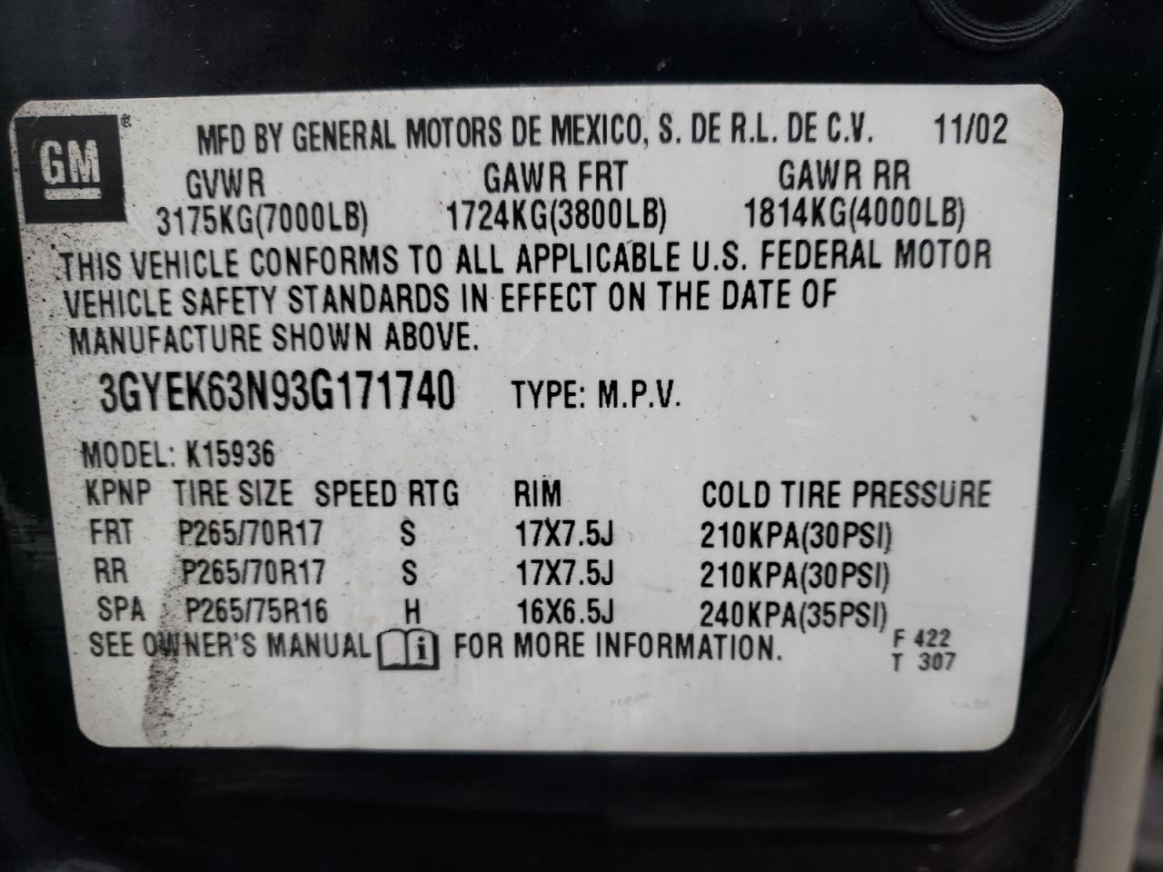 Photo 10 from auction – 2003 CADILLAC ESCALADE E with VIN 3GYEK63N93G171740