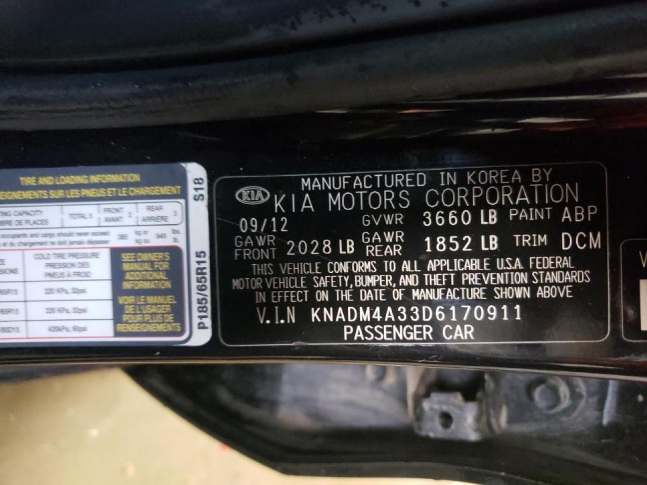 Photo 10 from auction – 2013 KIA RIO LX with VIN KNADM4A33D6170911