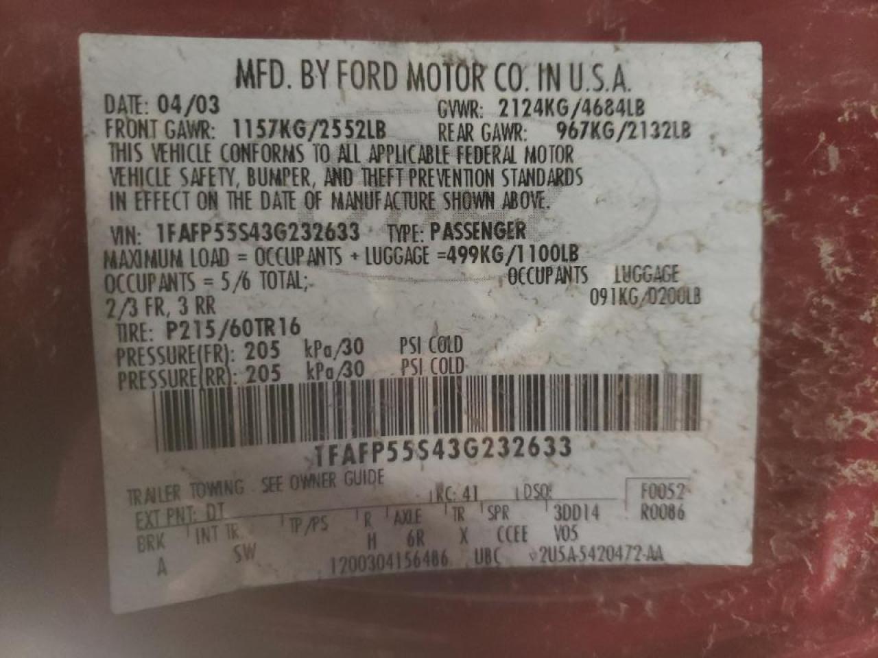 Photo 10 from auction – 2003 FORD TAURUS SES with VIN 1FAFP55S43G232633