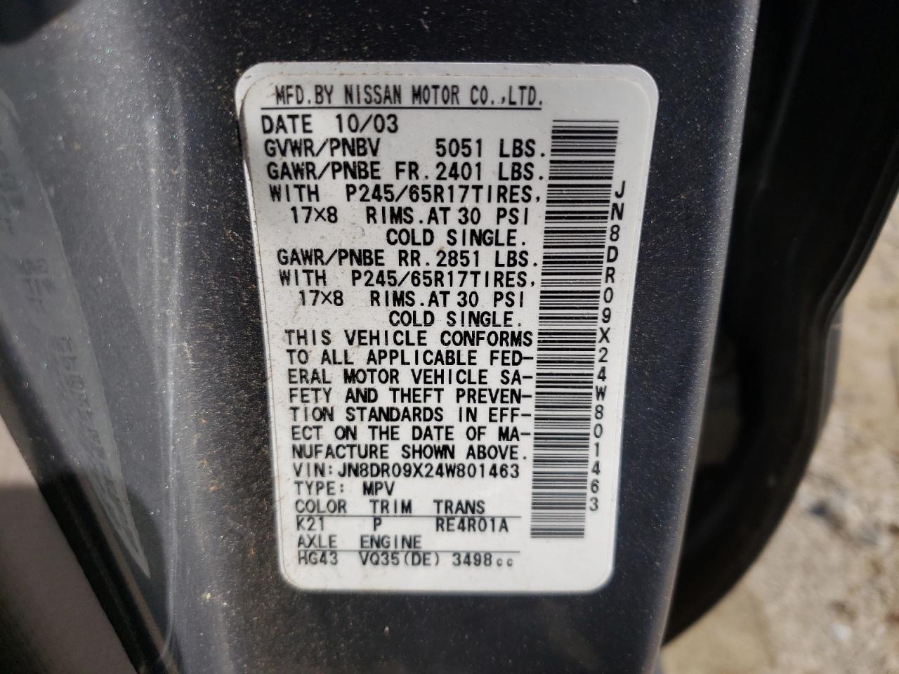 Photo 10 from auction – 2004 NISSAN PATHFINDER with VIN JN8DR09X24W801463