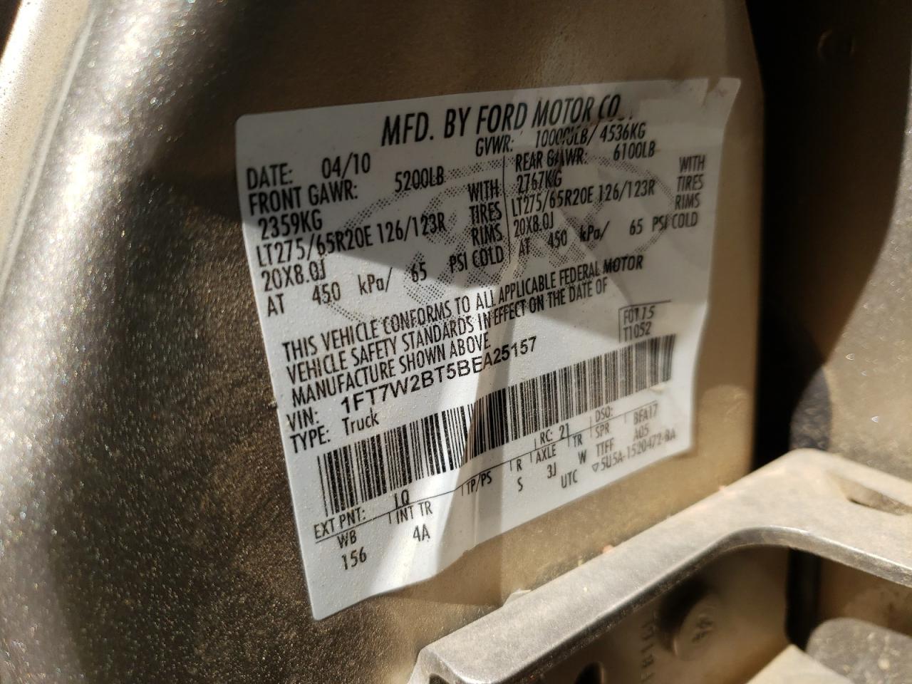 Photo 10 from auction – 2011 FORD F250 SUPER with VIN 1FT7W2BT5BEA25157