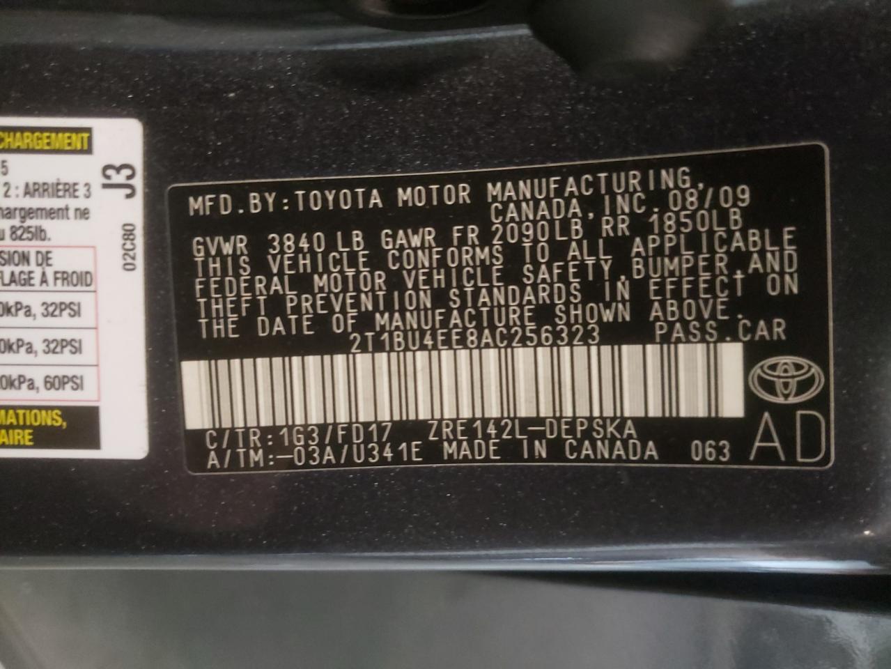 Photo 10 from auction – 2010 TOYOTA COROLLA BA with VIN 2T1BU4EE8AC256323