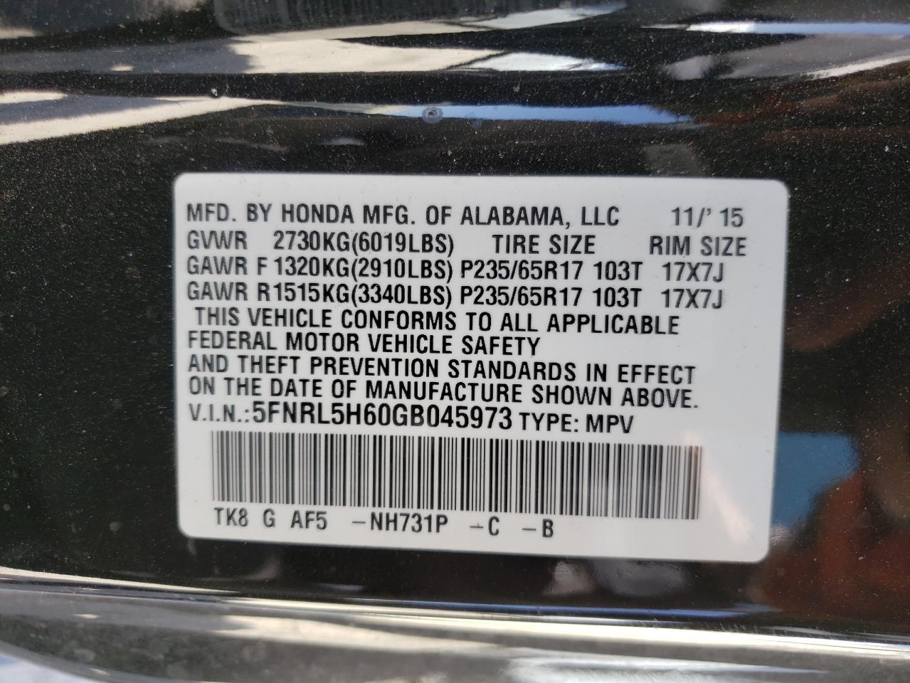 Photo 10 from auction – 2016 HONDA ODYSSEY EX with VIN 5FNRL5H60GB045973