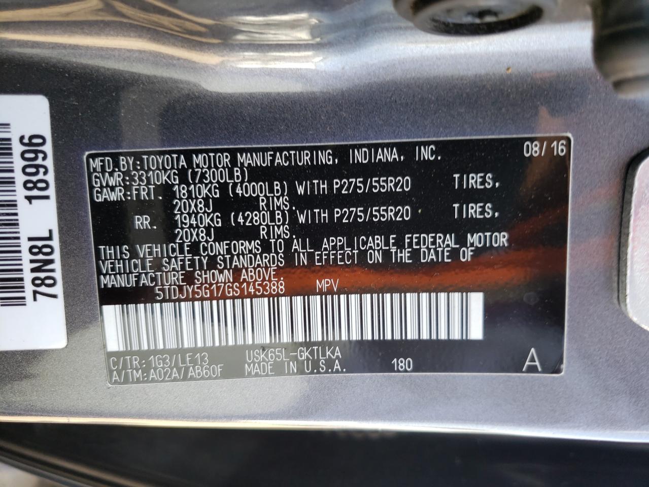 Photo 10 from auction – 2016 TOYOTA SEQUOIA LI with VIN 5TDJY5G17GS145388