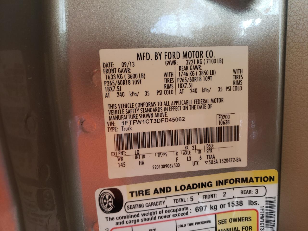 صورة رقم 10 من المزاد - 2013 FORD F150 SUPER مع VIN 1FTFW1CT3DFD45062