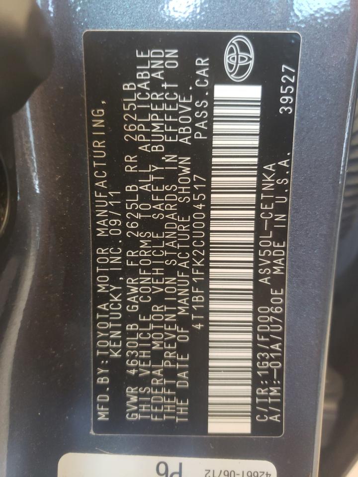 Photo 10 from auction – 2012 TOYOTA CAMRY BASE with VIN 4T1BF1FK2CU004517