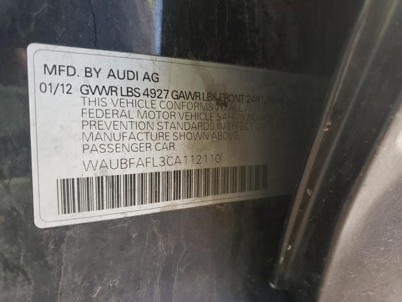 Photo 10 from auction – 2012 AUDI A4 PREMIUM with VIN WAUBFAFL3CA112110