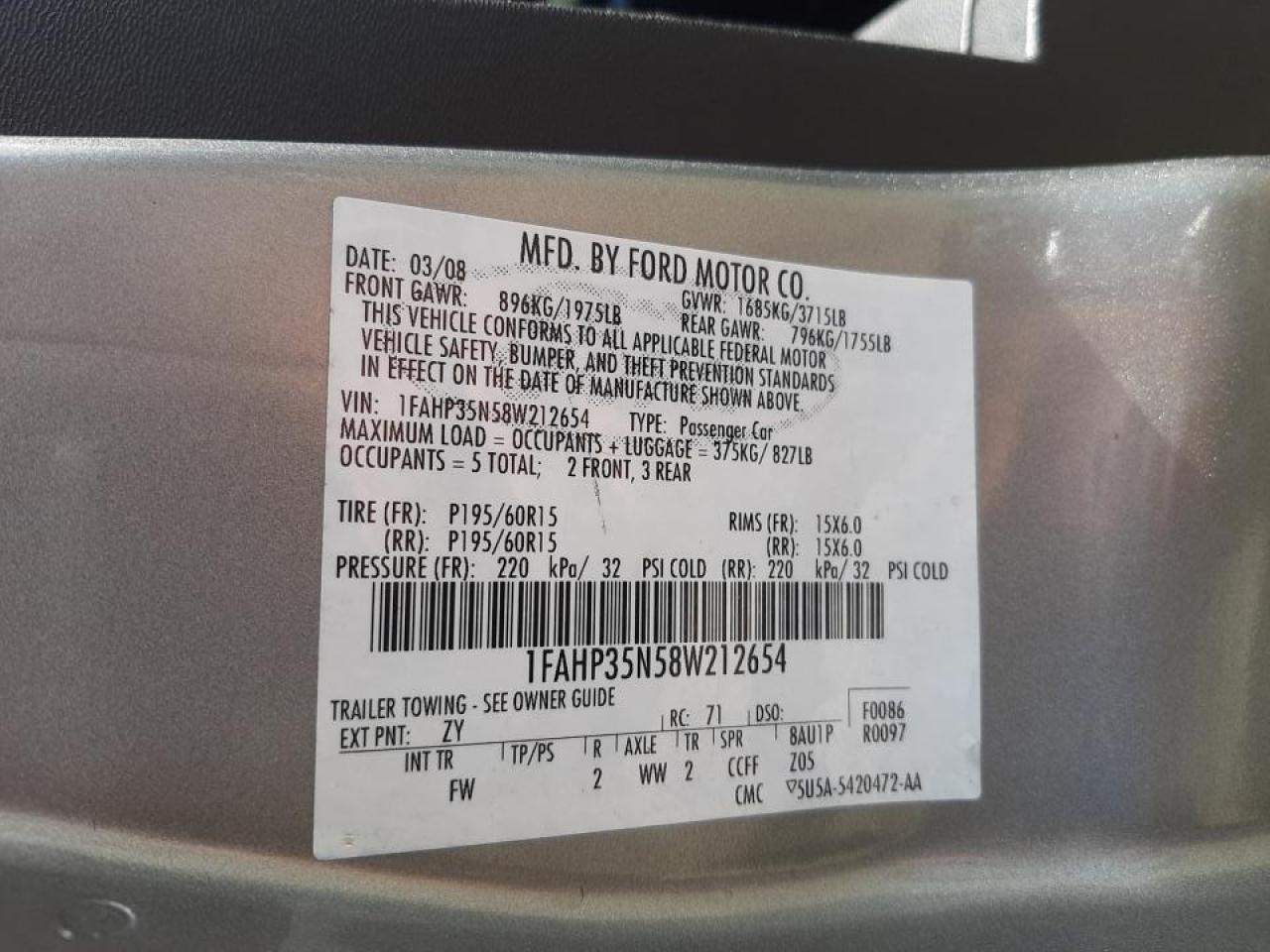 Photo 10 from auction – 2008 FORD FOCUS SE with VIN 1FAHP35N58W212654