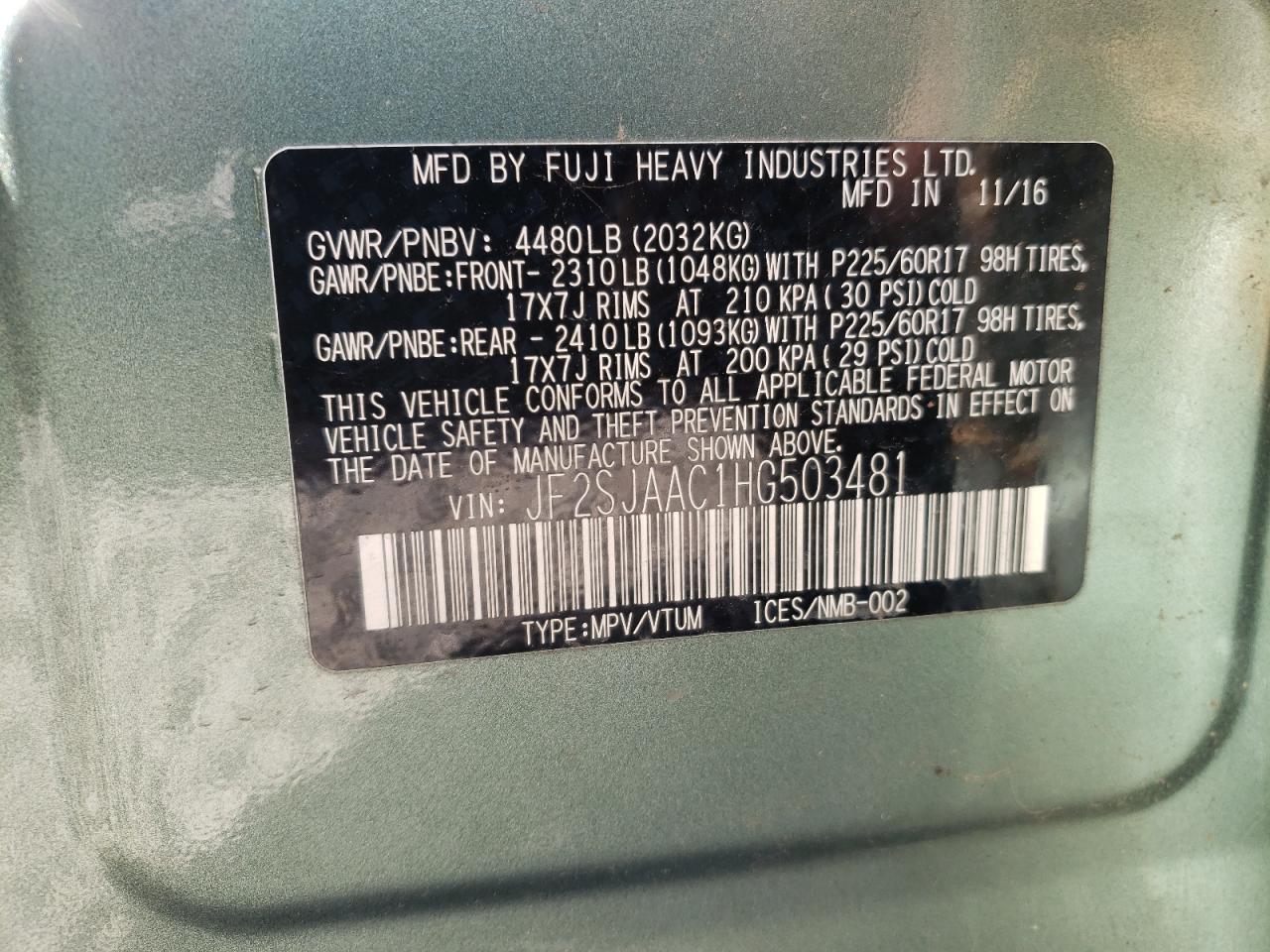 Photo 10 from auction – 2017 SUBARU FORESTER 2 with VIN JF2SJAAC1HG503481