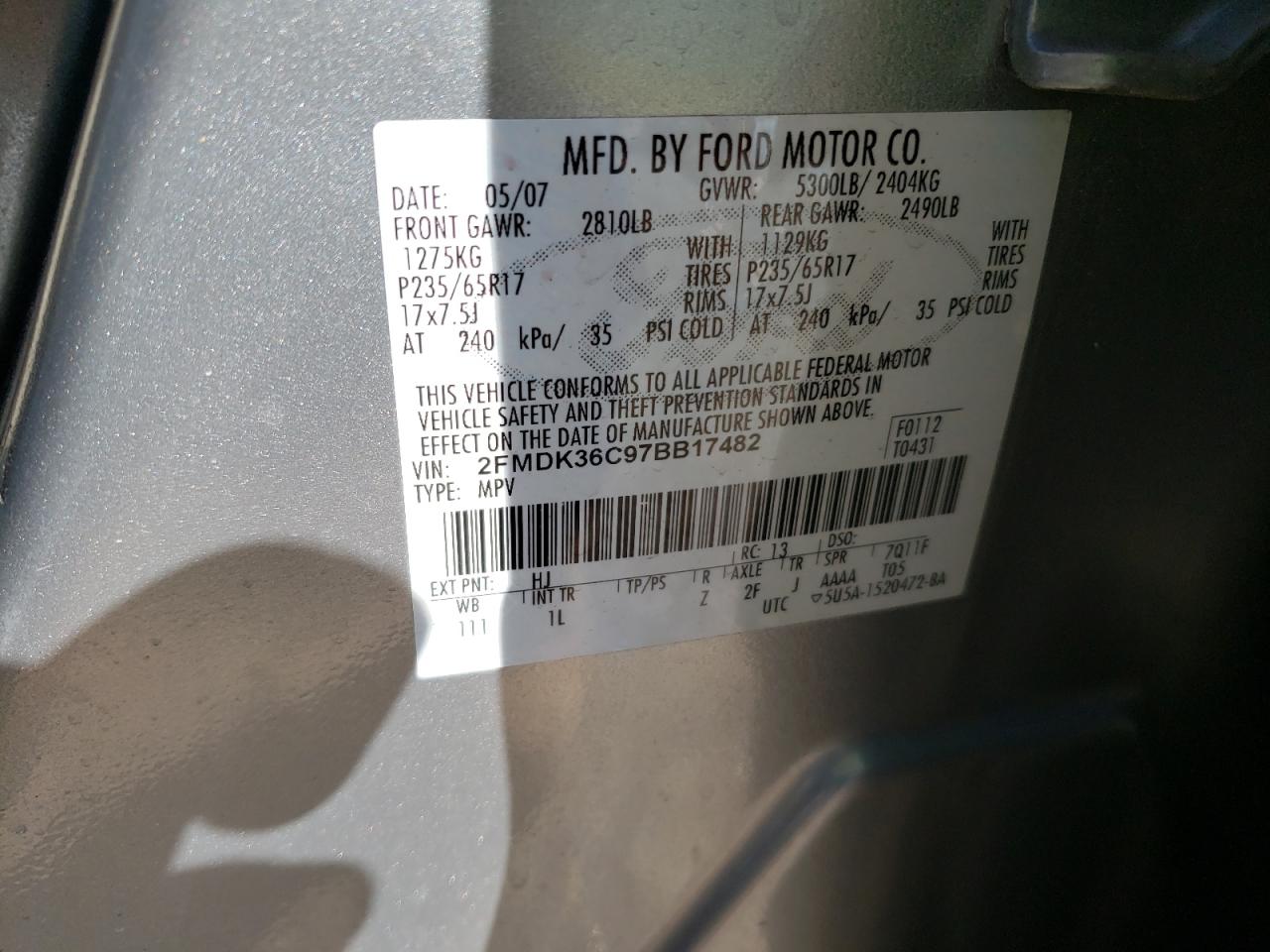 Photo 10 from auction – 2007 FORD EDGE SE with VIN 2FMDK36C97BB17482