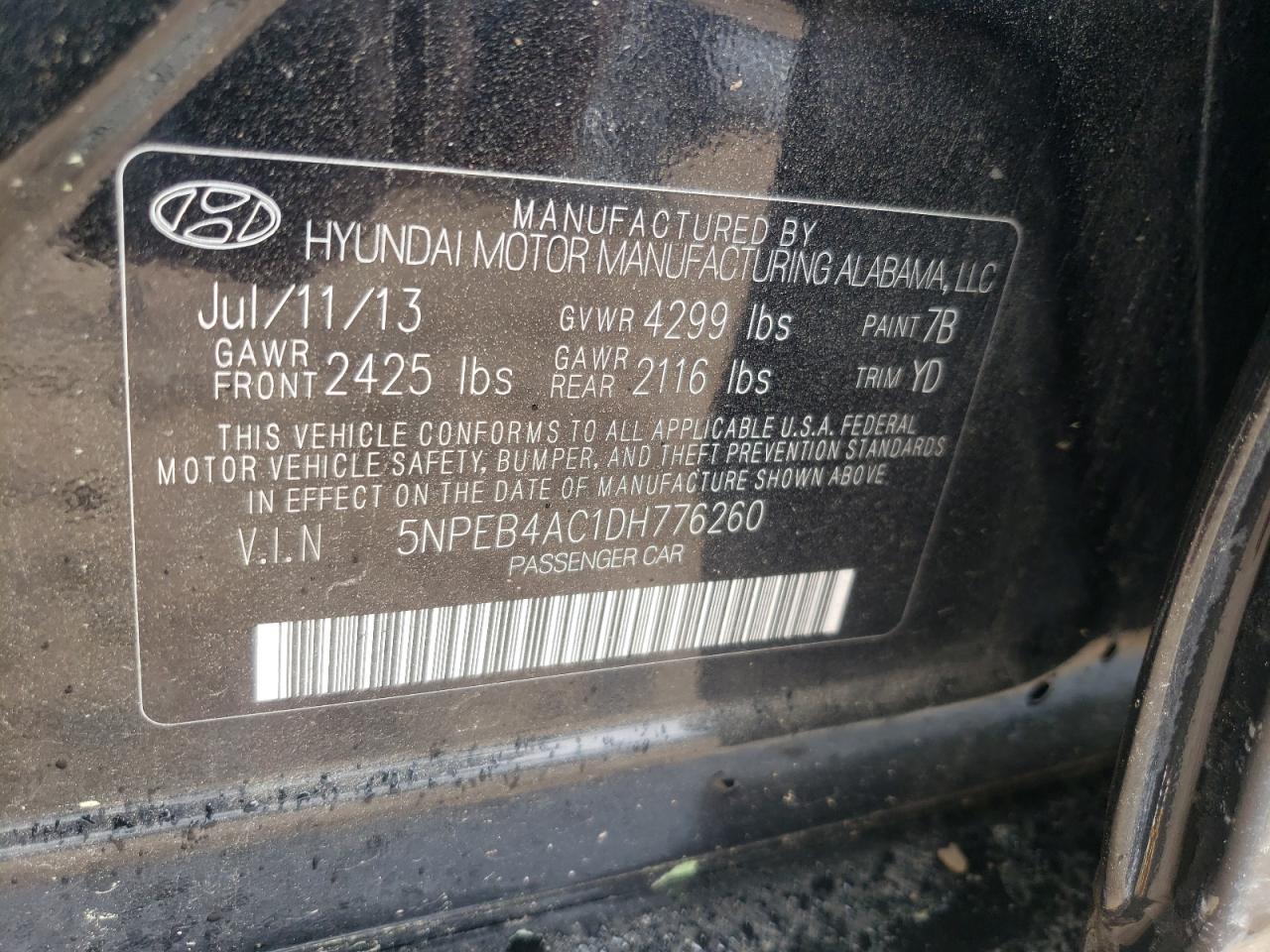 Photo 10 from auction – 2013 HYUNDAI SONATA GLS with VIN 5NPEB4AC1DH776260