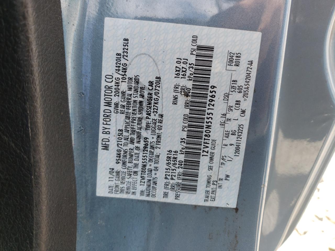Photo 10 from auction – 2005 FORD MUSTANG with VIN 1ZVFT80N555129659