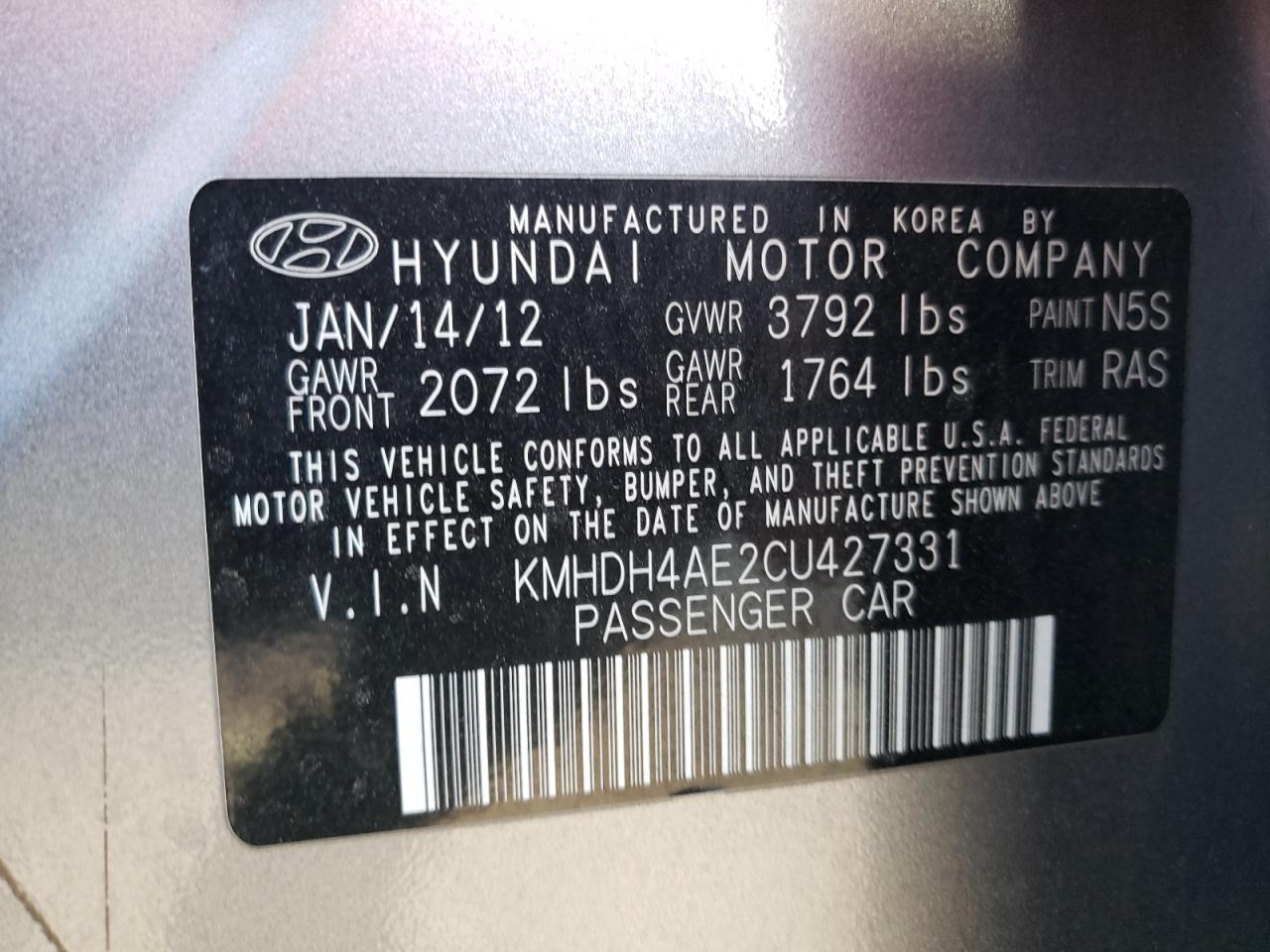 Photo 10 from auction – 2012 HYUNDAI ELANTRA GL with VIN KMHDH4AE2CU427331