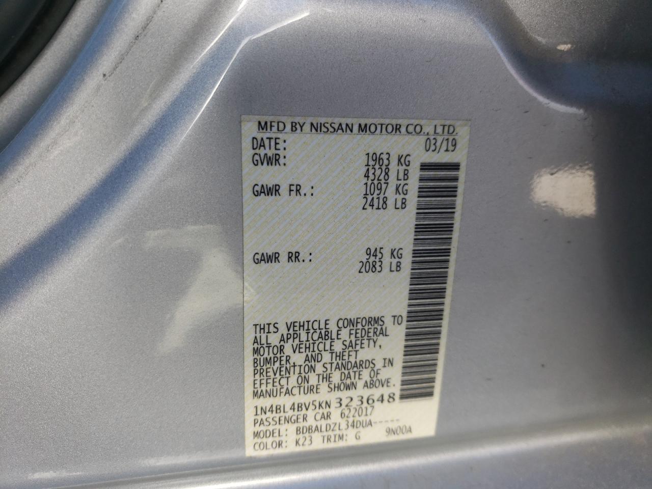 Photo 10 from auction – 2019 NISSAN ALTIMA S with VIN 1N4BL4BV5KN323648