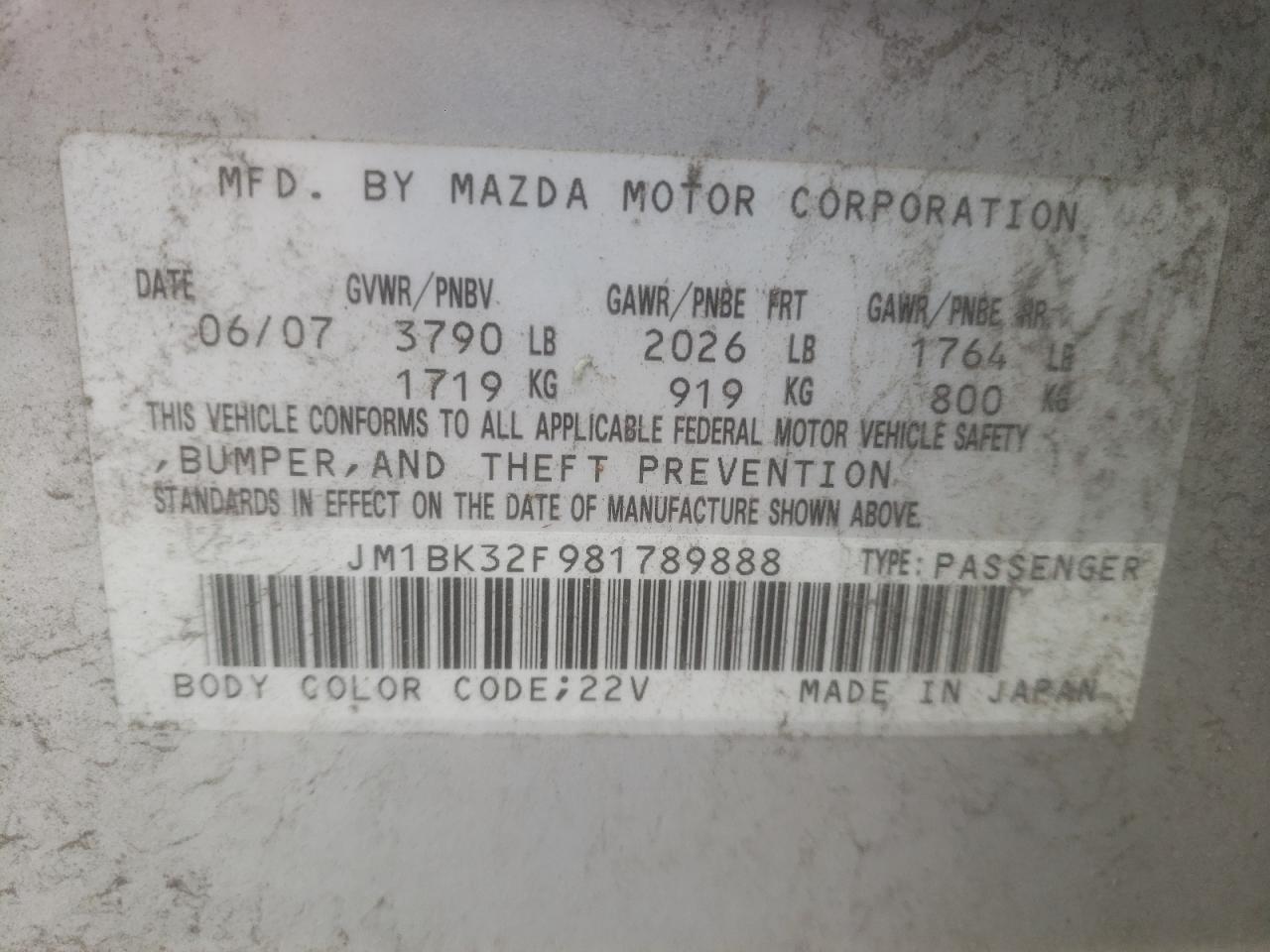 Photo 10 from auction – 2008 MAZDA 3 I with VIN JM1BK32F981789888