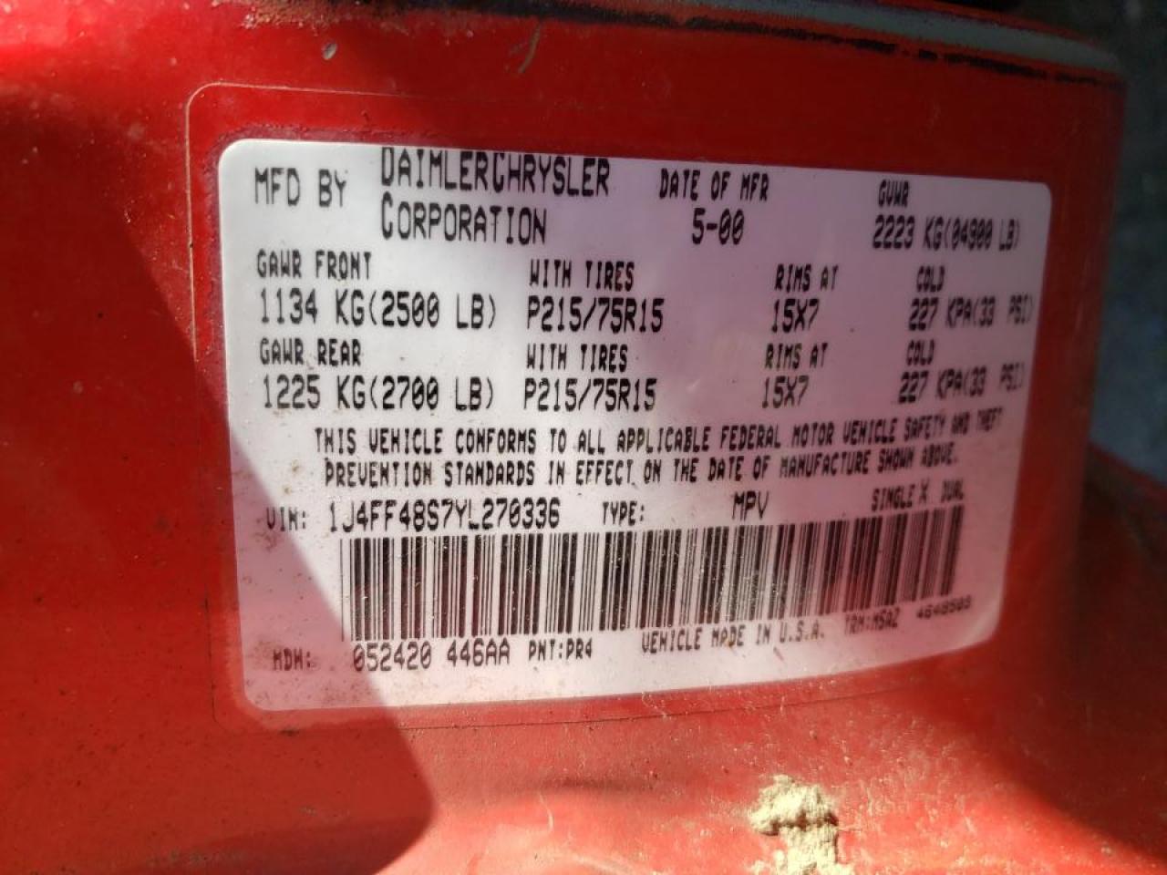Photo 10 from auction – 2000 JEEP CHEROKEE S with VIN 1J4FF48S7YL270336