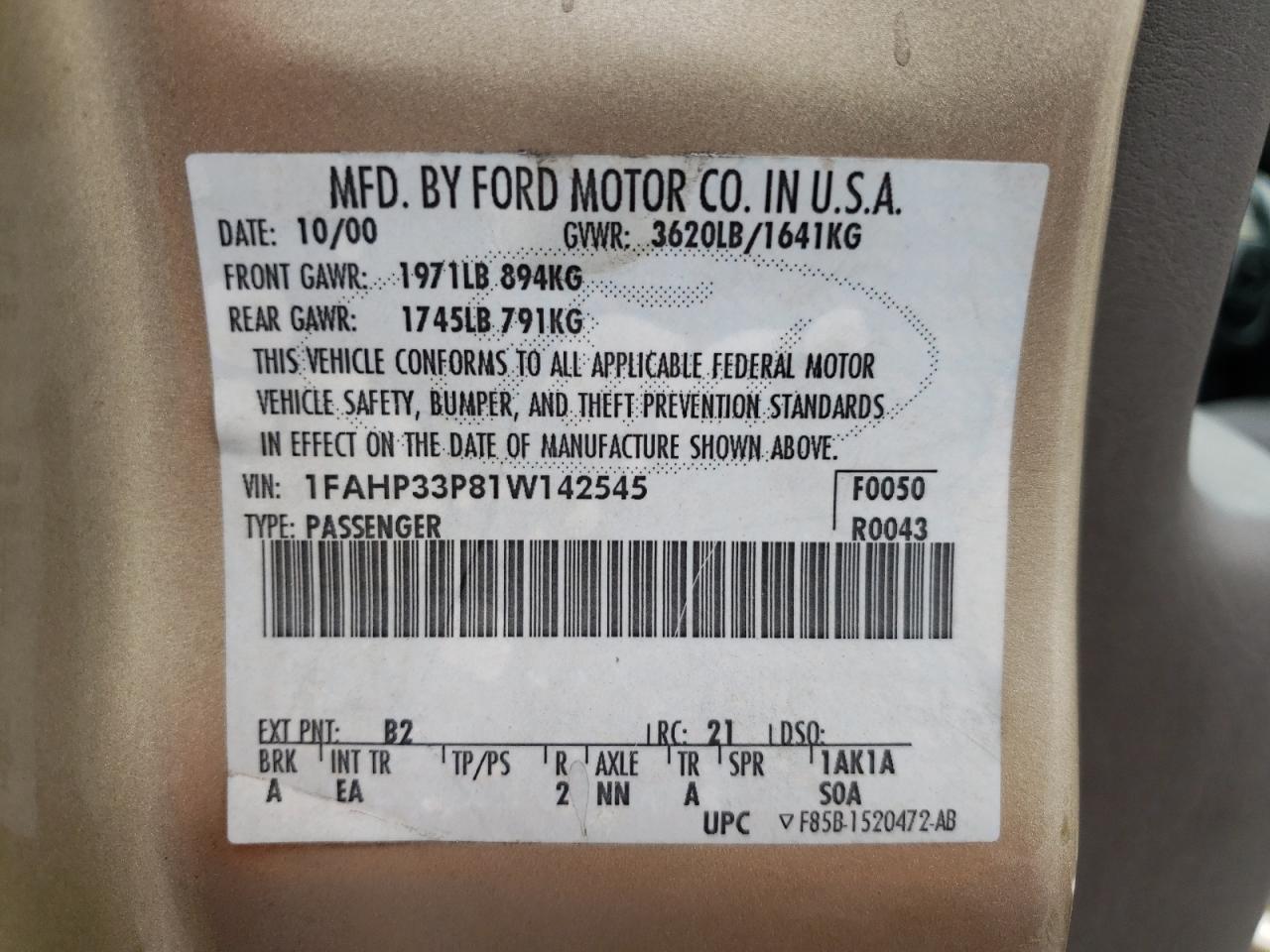 Photo 10 from auction – 2001 FORD FOCUS with VIN 1FAHP33P81W142545