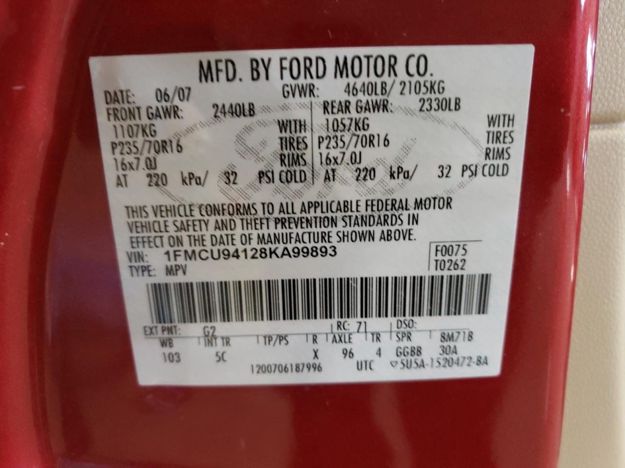 Photo 10 from auction – 2008 FORD ESCAPE LIM with VIN 1FMCU94128KA99893