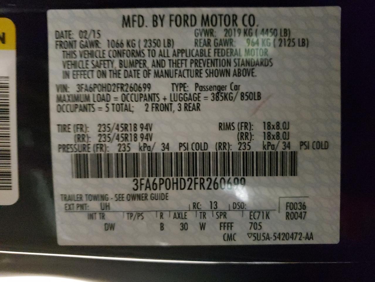 Photo 10 from auction – 2015 FORD FUSION SE with VIN 3FA6P0HD2FR260699
