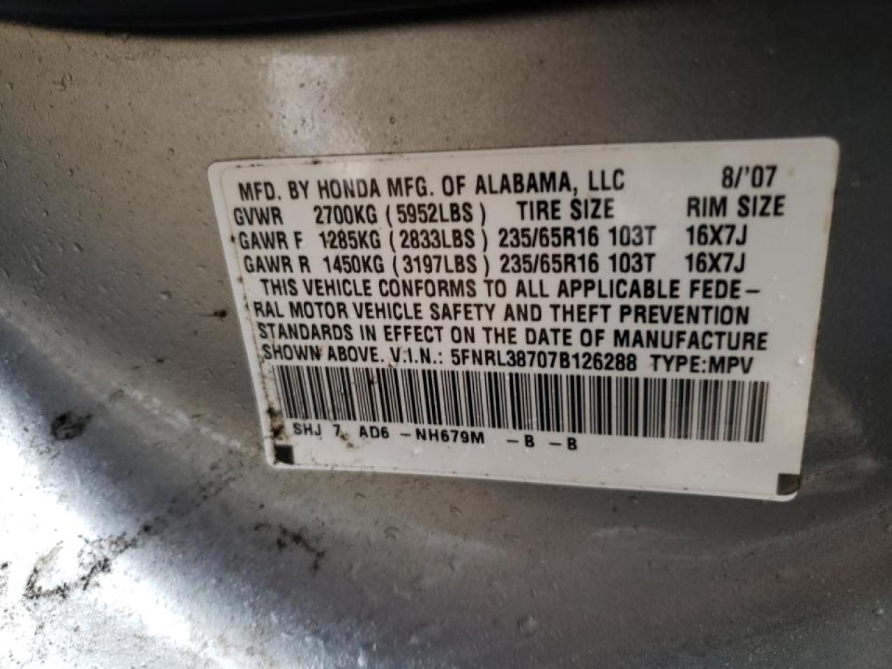 Photo 10 from auction – 2007 HONDA ODYSSEY EX with VIN 5FNRL38707B126288