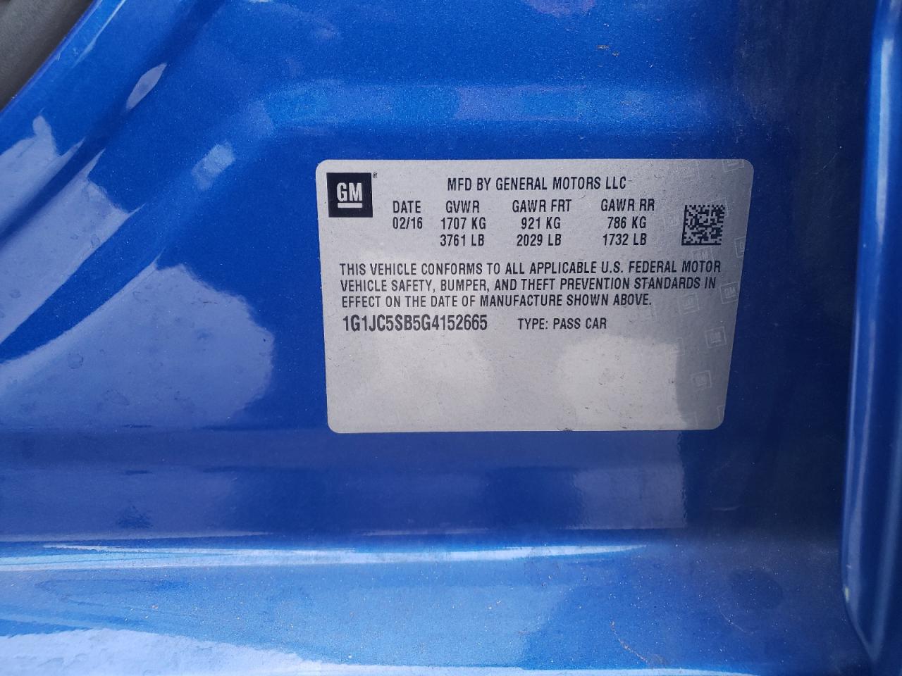 Photo 10 from auction – 2016 CHEVROLET SONIC LT with VIN 1G1JC5SB5G4152665