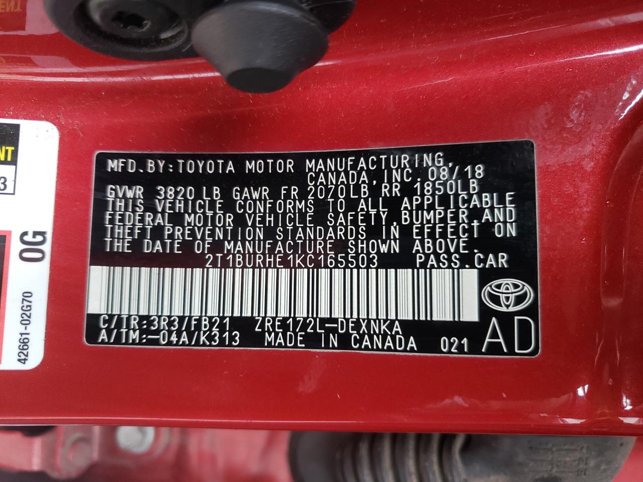 Photo 10 from auction – 2019 TOYOTA COROLLA L with VIN 2T1BURHE1KC165503