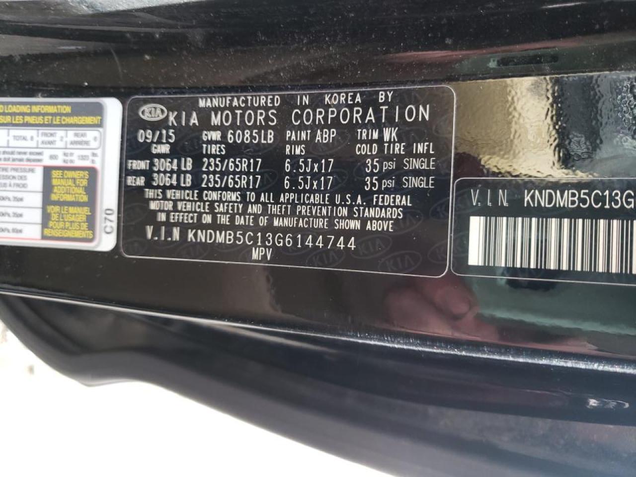 Photo 10 from auction – 2016 KIA SEDONA LX with VIN KNDMB5C13G6144744