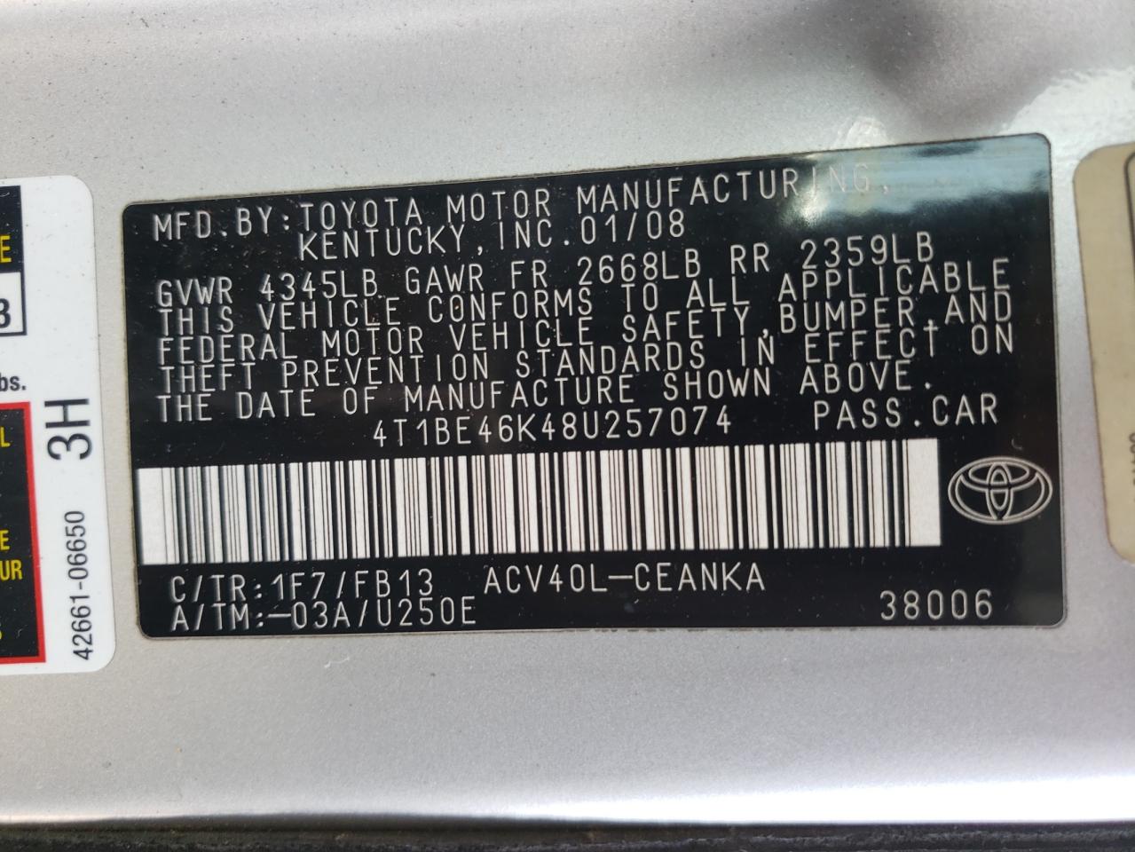 Photo 10 from auction – 2008 TOYOTA CAMRY CE with VIN 4T1BE46K48U257074