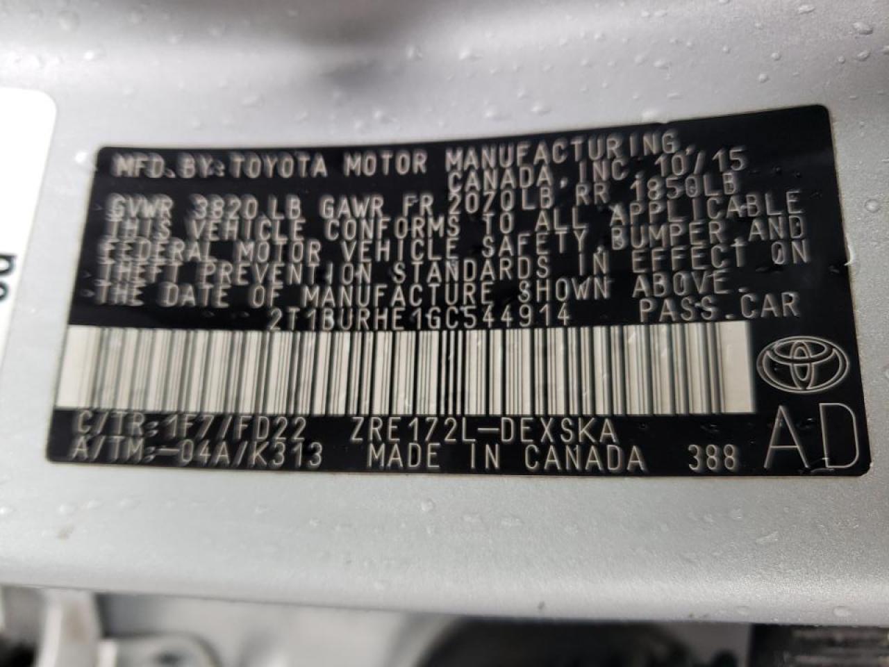Photo 10 from auction – 2016 TOYOTA COROLLA S with VIN 2T1BURHE1GC544914