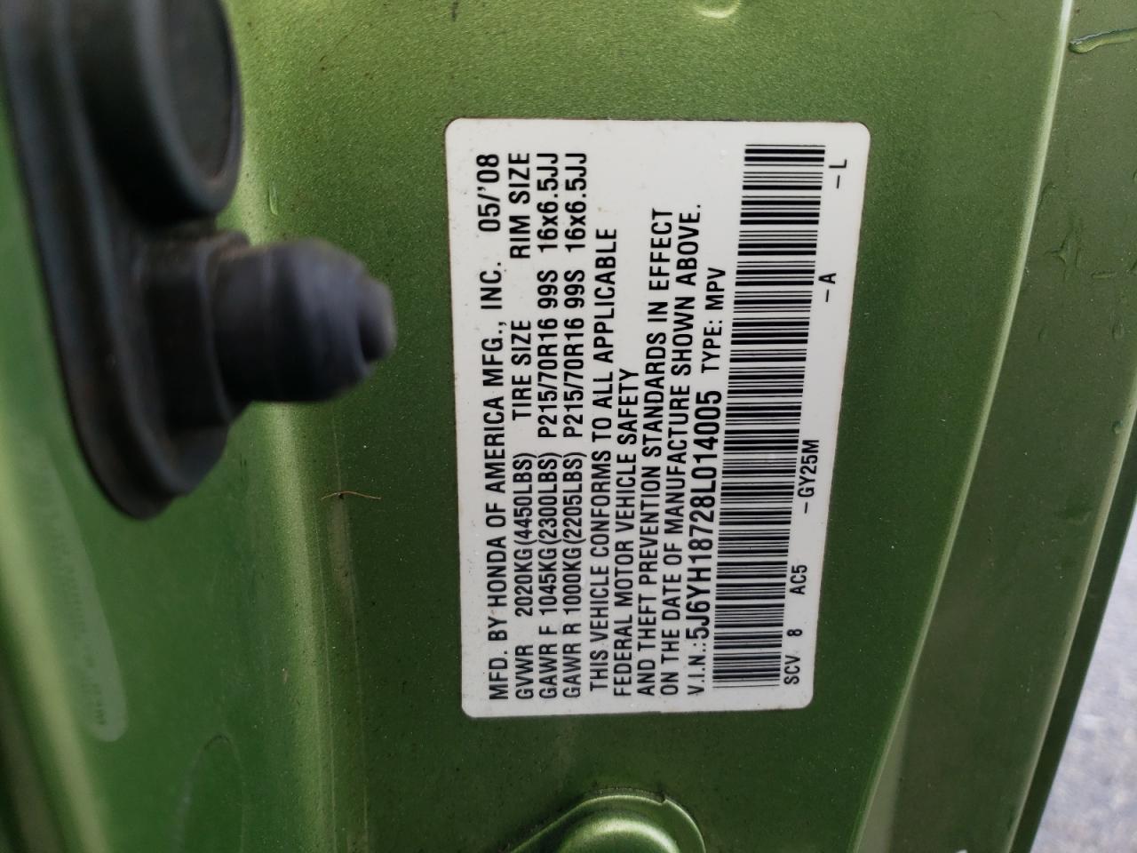 Photo 10 from auction – 2008 HONDA ELEMENT EX with VIN 5J6YH18728L014005