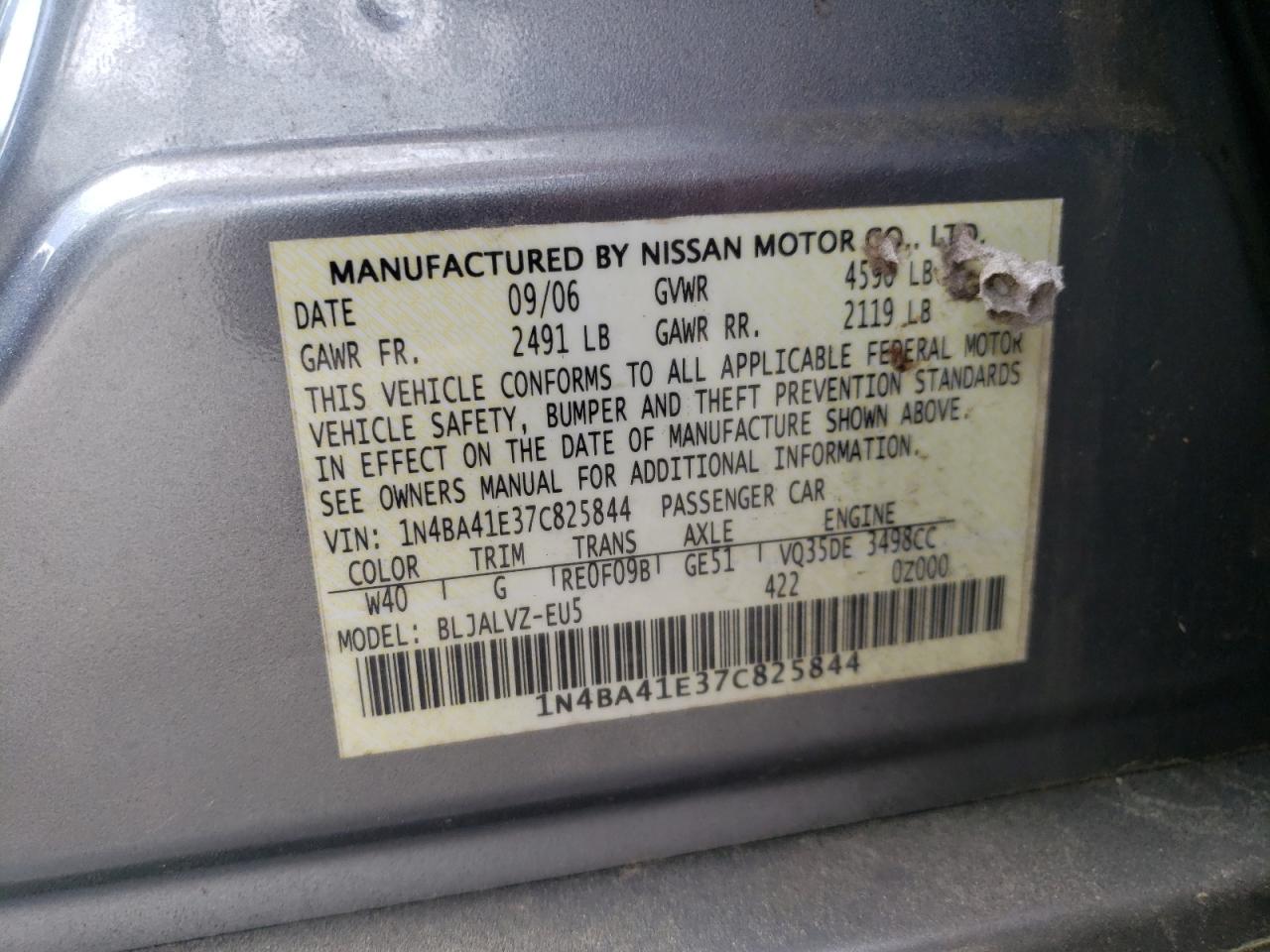 Photo 10 from auction – 2007 NISSAN MAXIMA SE with VIN 1N4BA41E37C825844