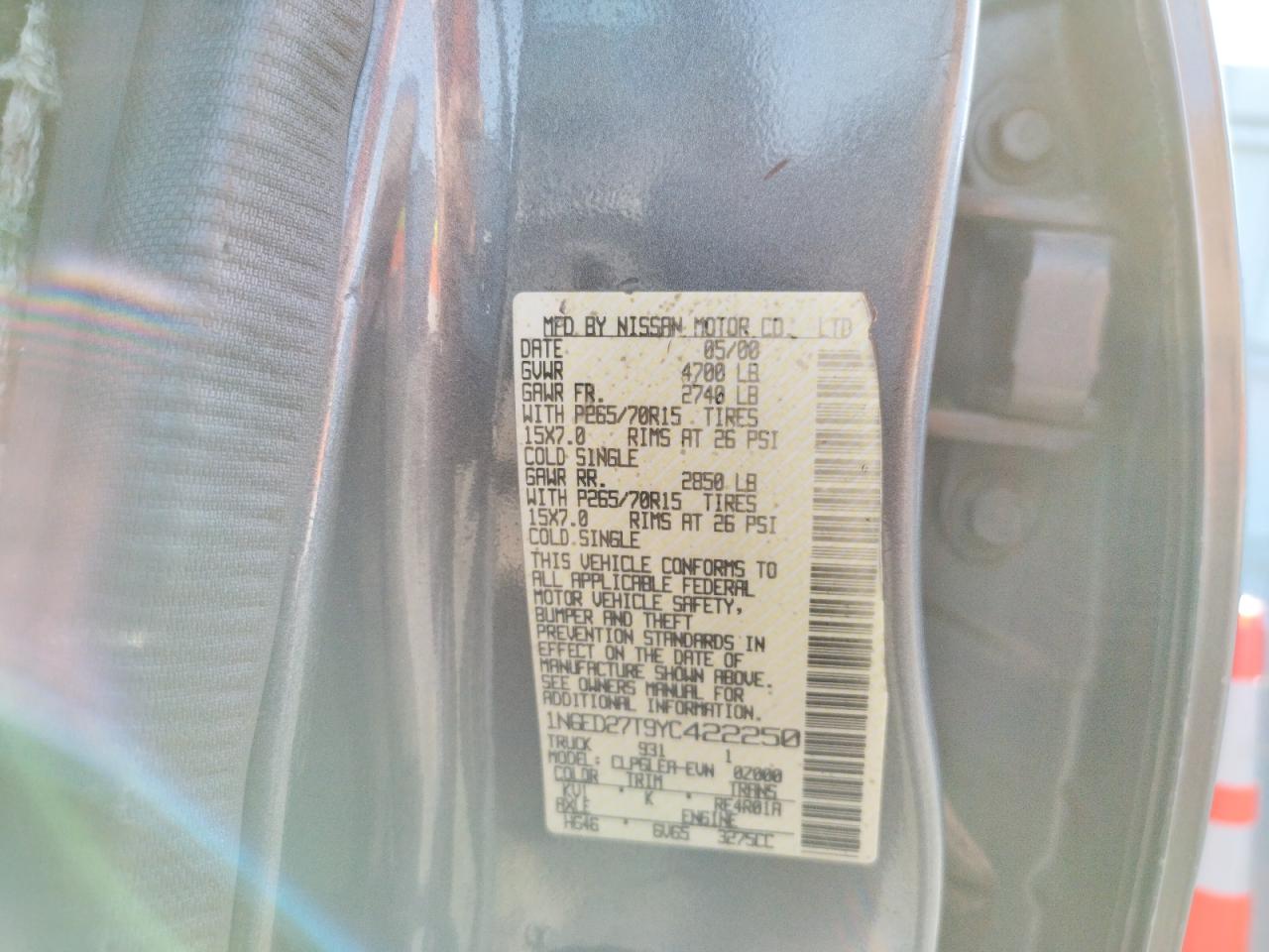 Photo 10 from auction – 2000 NISSAN FRONTIER C with VIN 1N6ED27T9YC422250