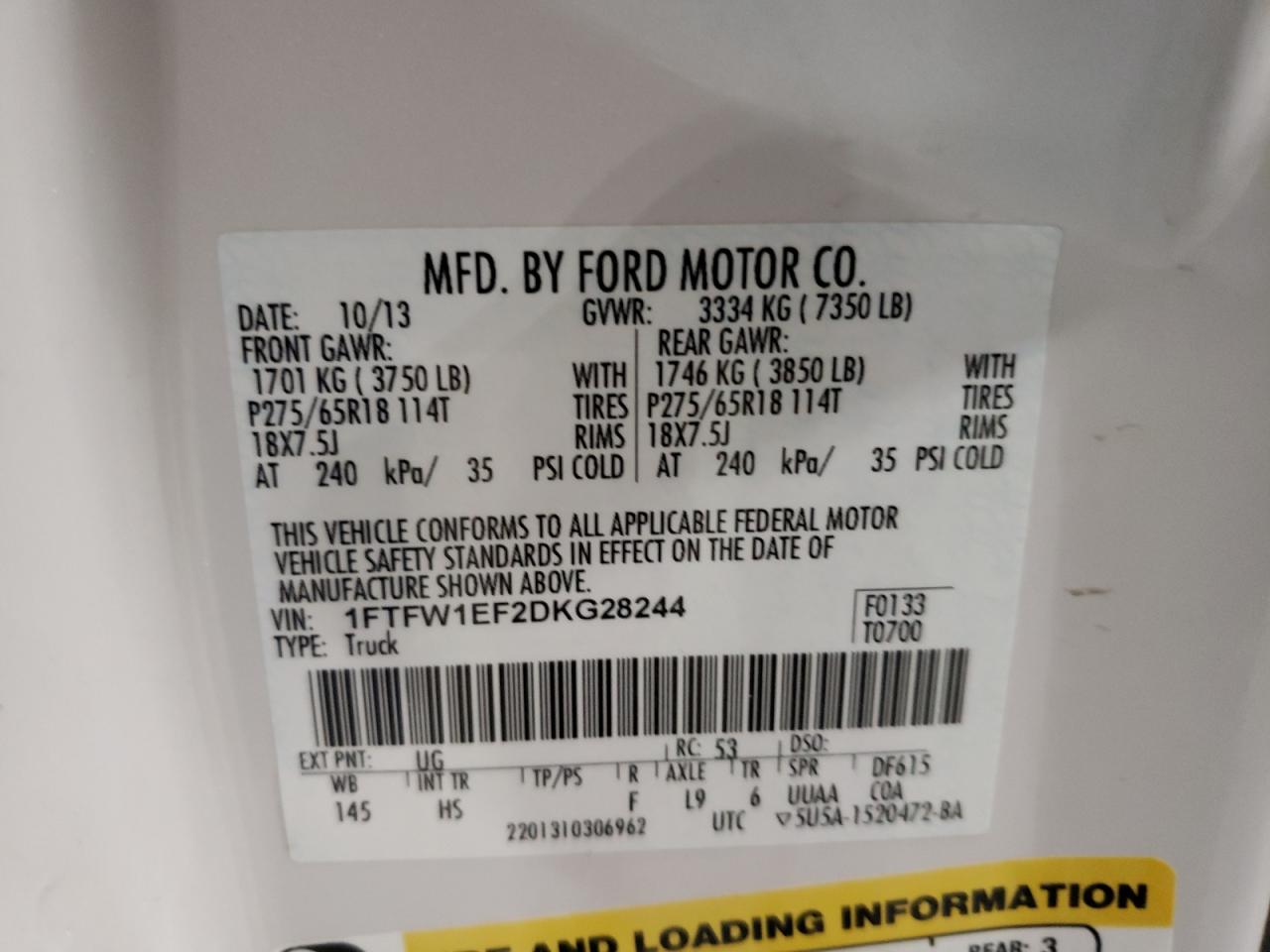 Photo 10 from auction – 2013 FORD F150 SUPER with VIN 1FTFW1EF2DKG28244