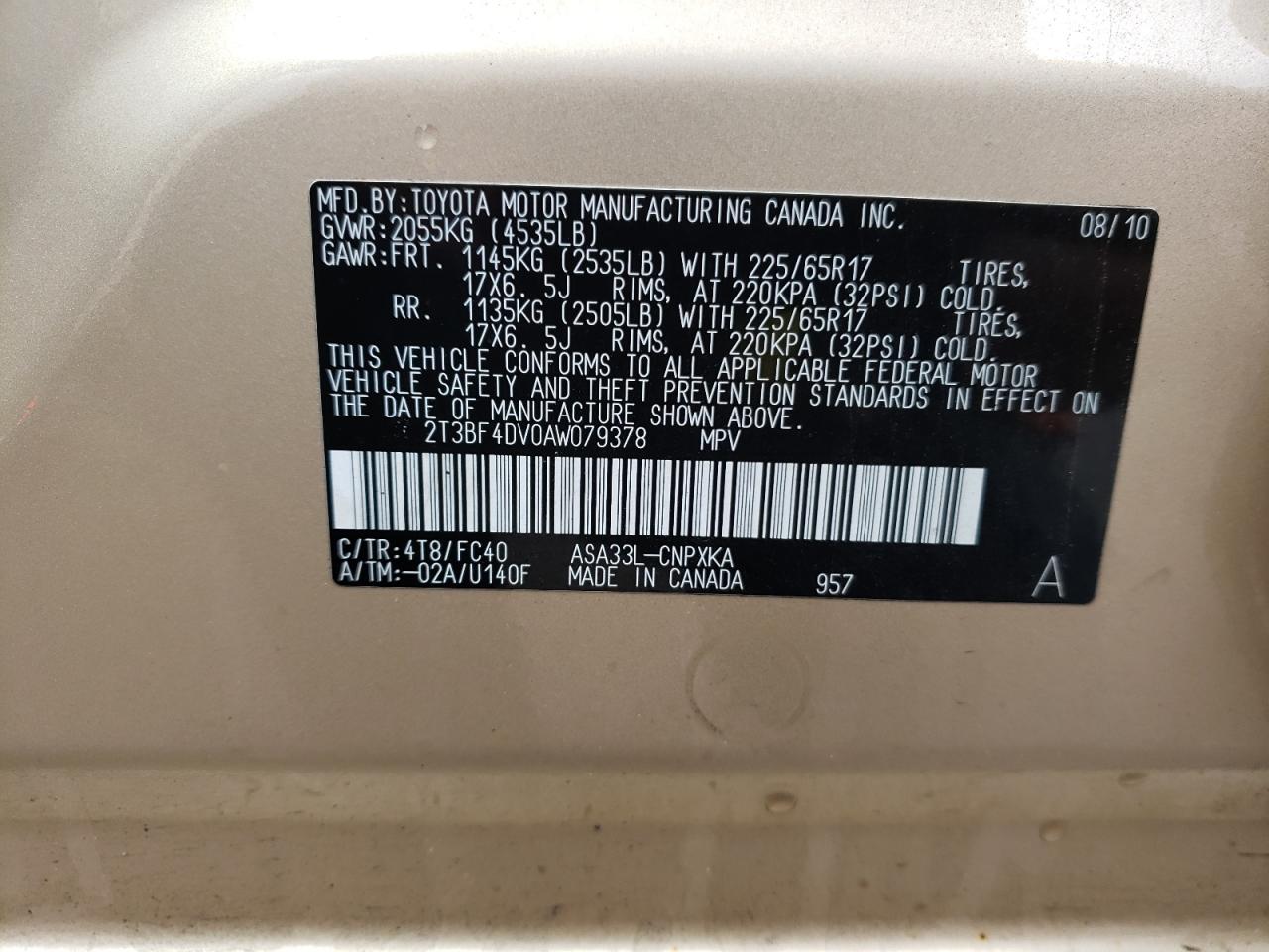 Photo 10 from auction – 2010 TOYOTA RAV4 with VIN 2T3BF4DV0AW079378