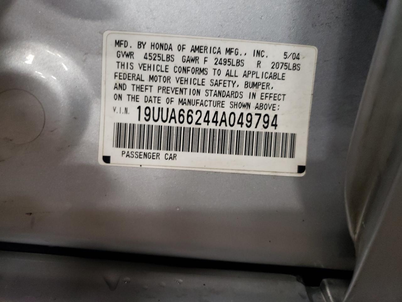 Photo 10 from auction – 2004 ACURA TL with VIN 19UUA66244A049794