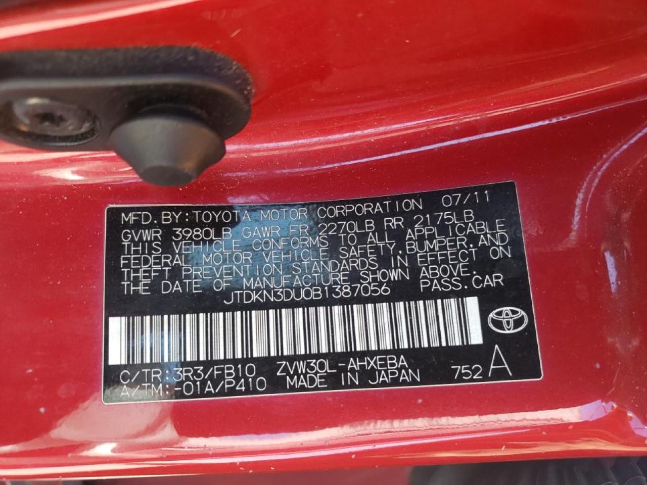 Photo 10 from auction – 2011 TOYOTA PRIUS with VIN JTDKN3DU0B1387056
