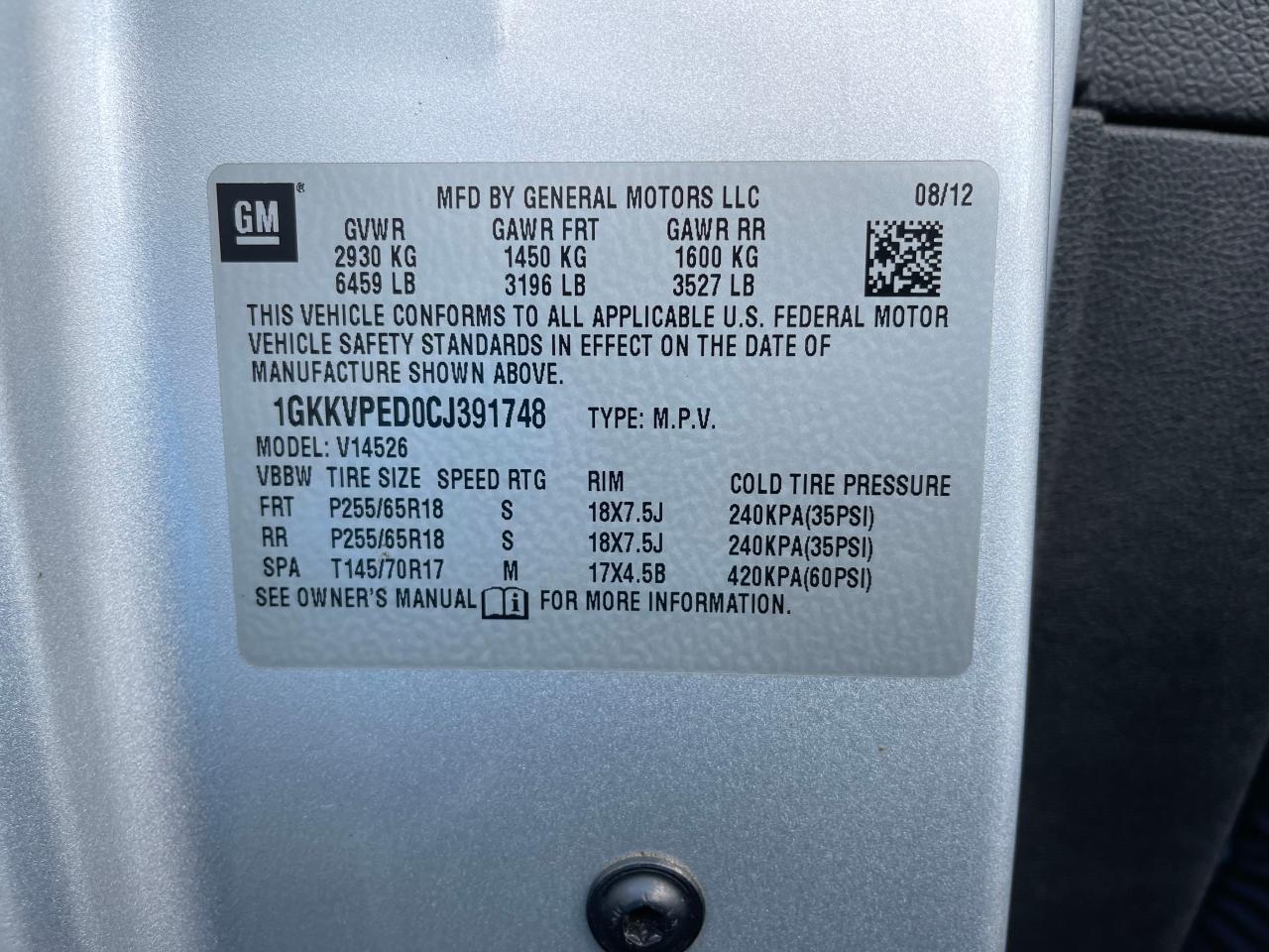 Photo 10 from auction – 2012 GMC ACADIA SLE with VIN 1GKKVPED0CJ391748