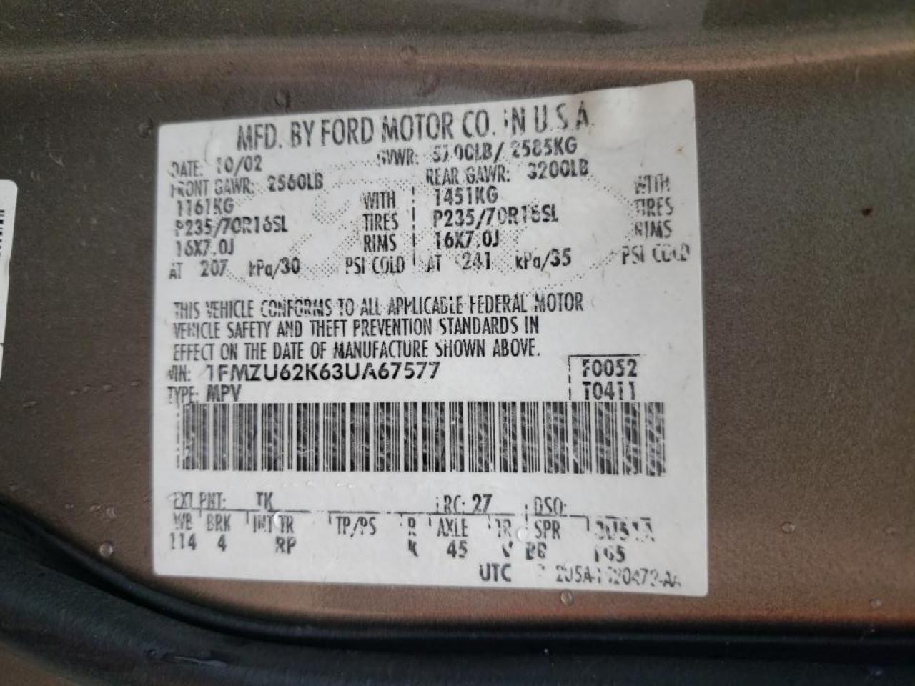 Photo 10 from auction – 2003 FORD EXPLORER X with VIN 1FMZU62K63UA67577