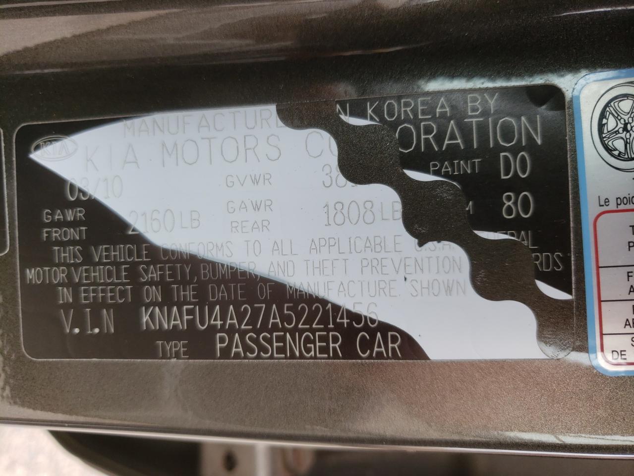 Photo 10 from auction – 2010 KIA FORTE EX with VIN KNAFU4A27A5221456