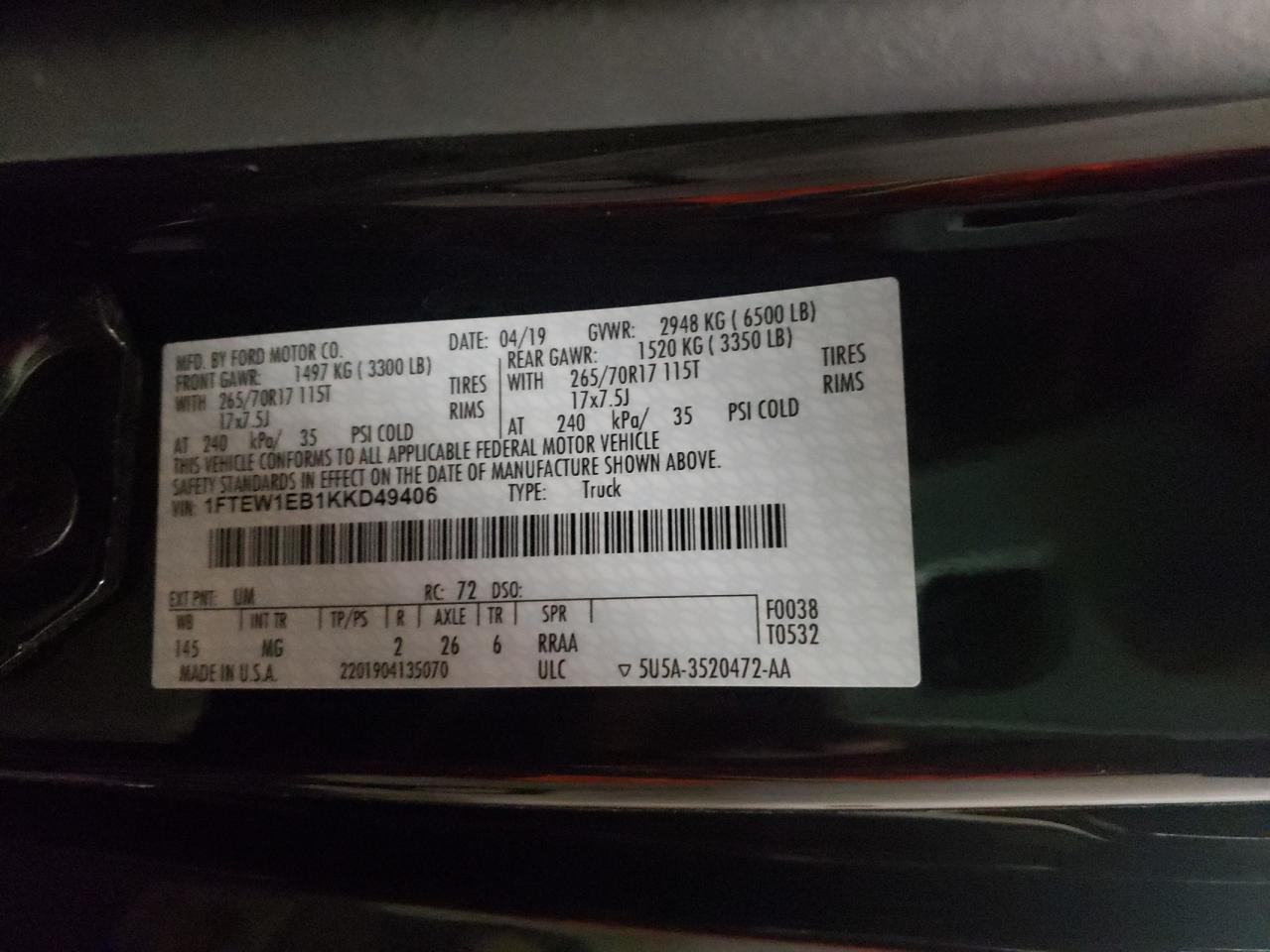 Photo 10 from auction – 2019 FORD F150 SUPER with VIN 1FTEW1EB1KKD49406