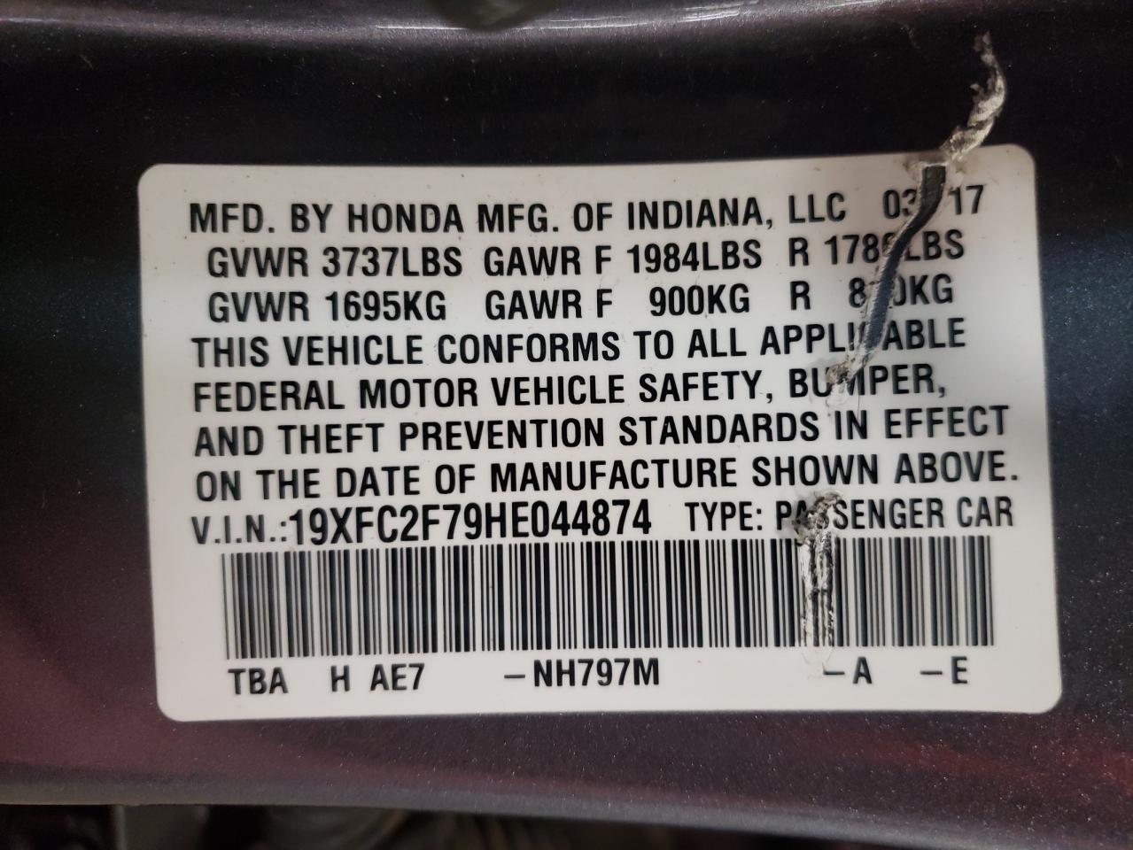 Photo 10 from auction – 2017 HONDA CIVIC EX with VIN 19XFC2F79HE044874