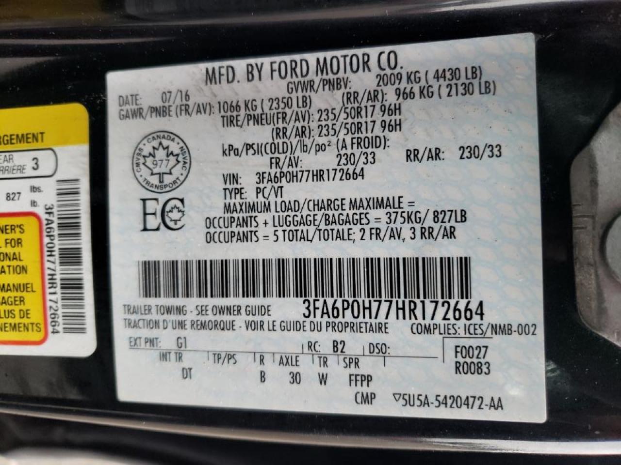Photo 10 from auction – 2017 FORD FUSION SE with VIN 3FA6P0H77HR172664