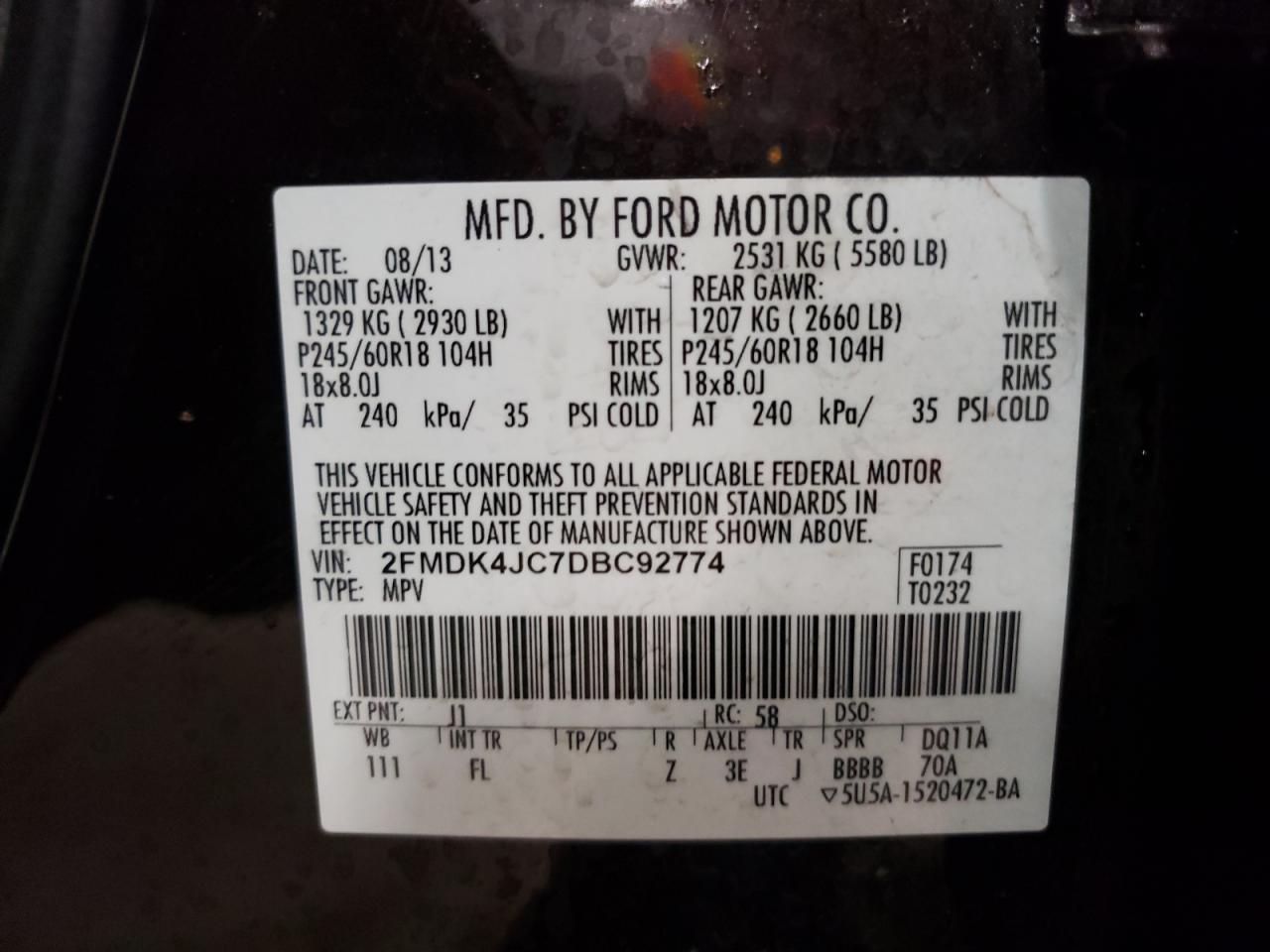 Photo 10 from auction – 2013 FORD EDGE SEL with VIN 2FMDK4JC7DBC92774
